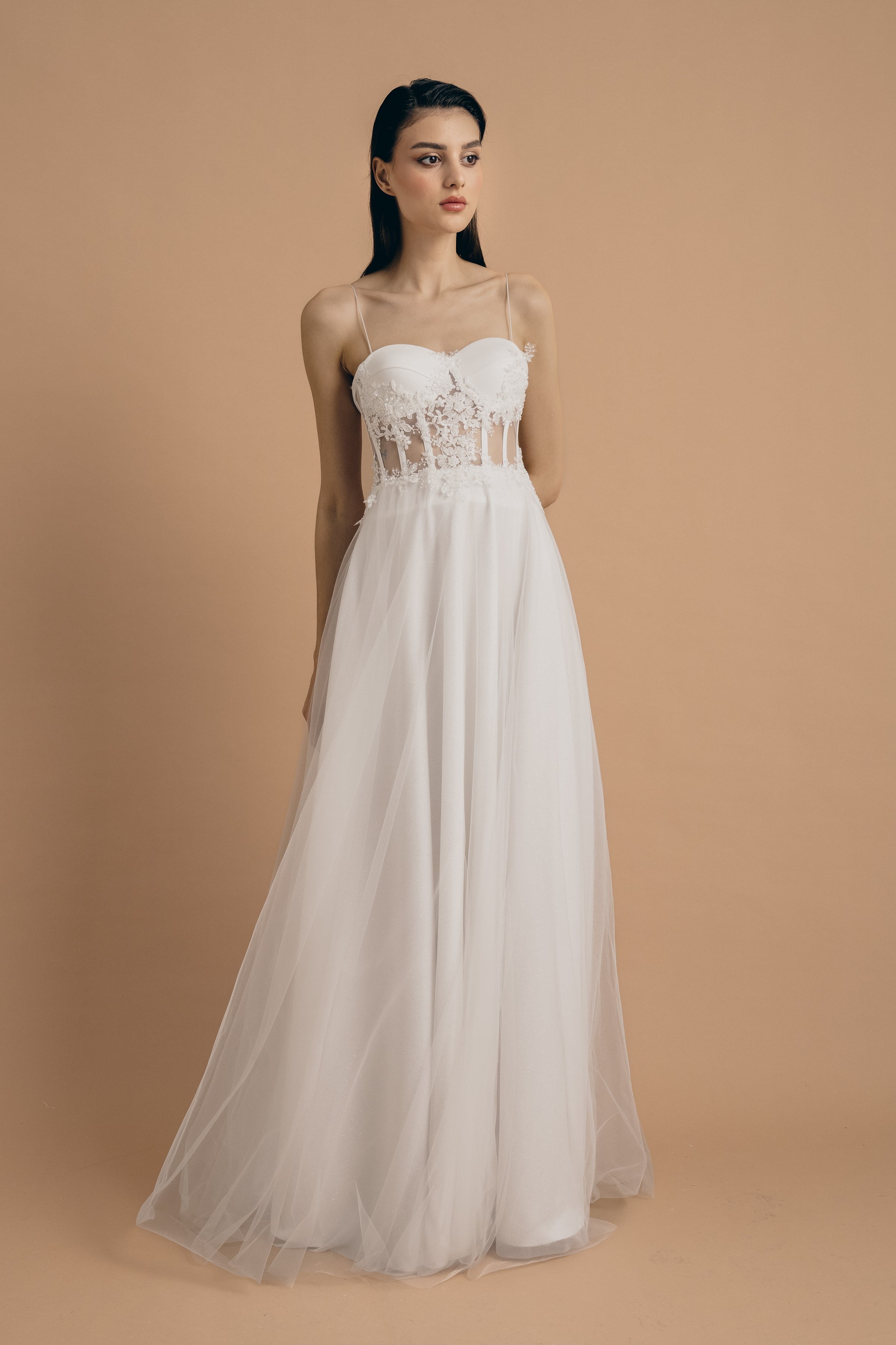 White Crystal Embroidered Lace Detailed Silvery Maxi Evening Dress