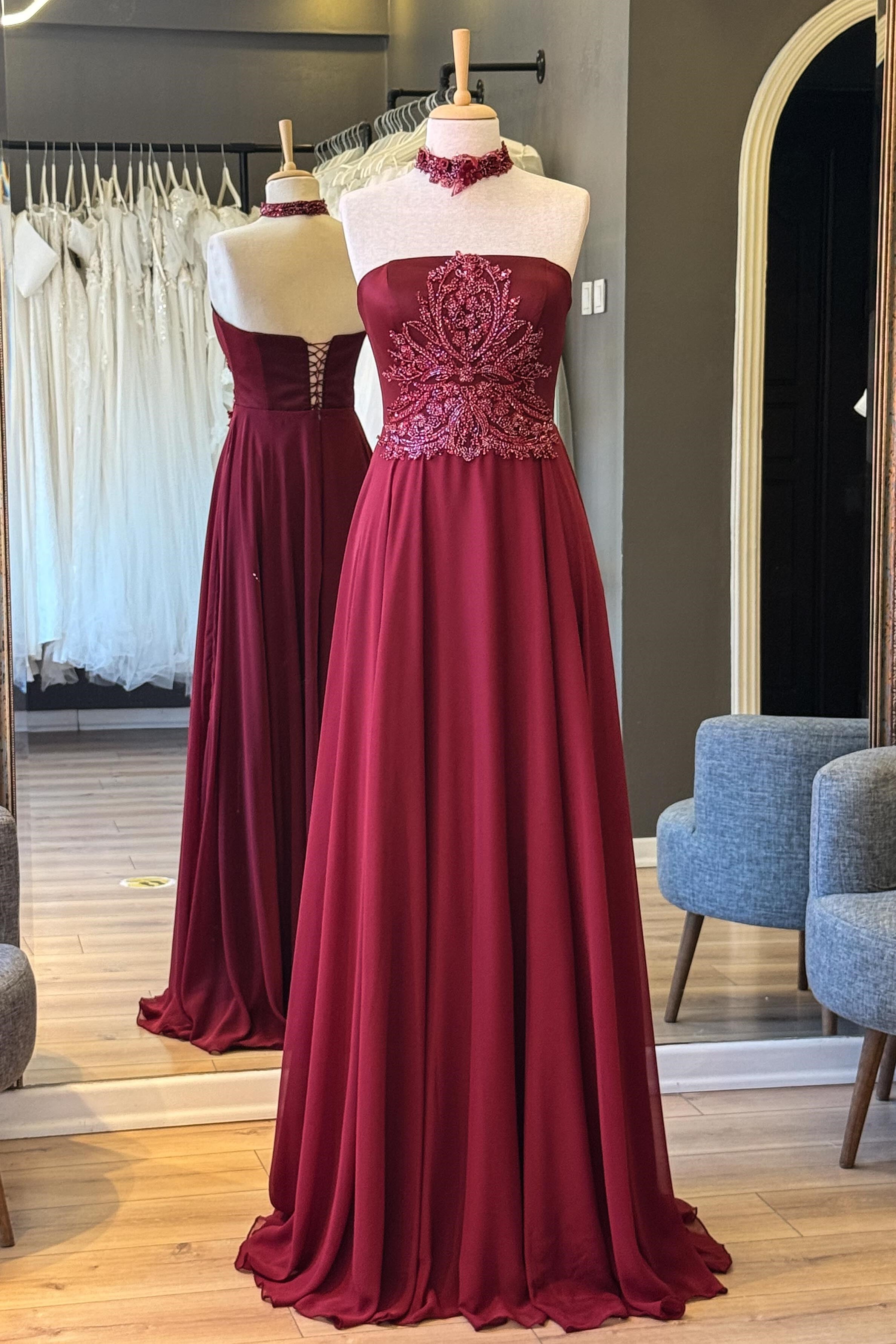 Bordo Düz Yaka Şifon Abiye ve Nikah Elbisesi