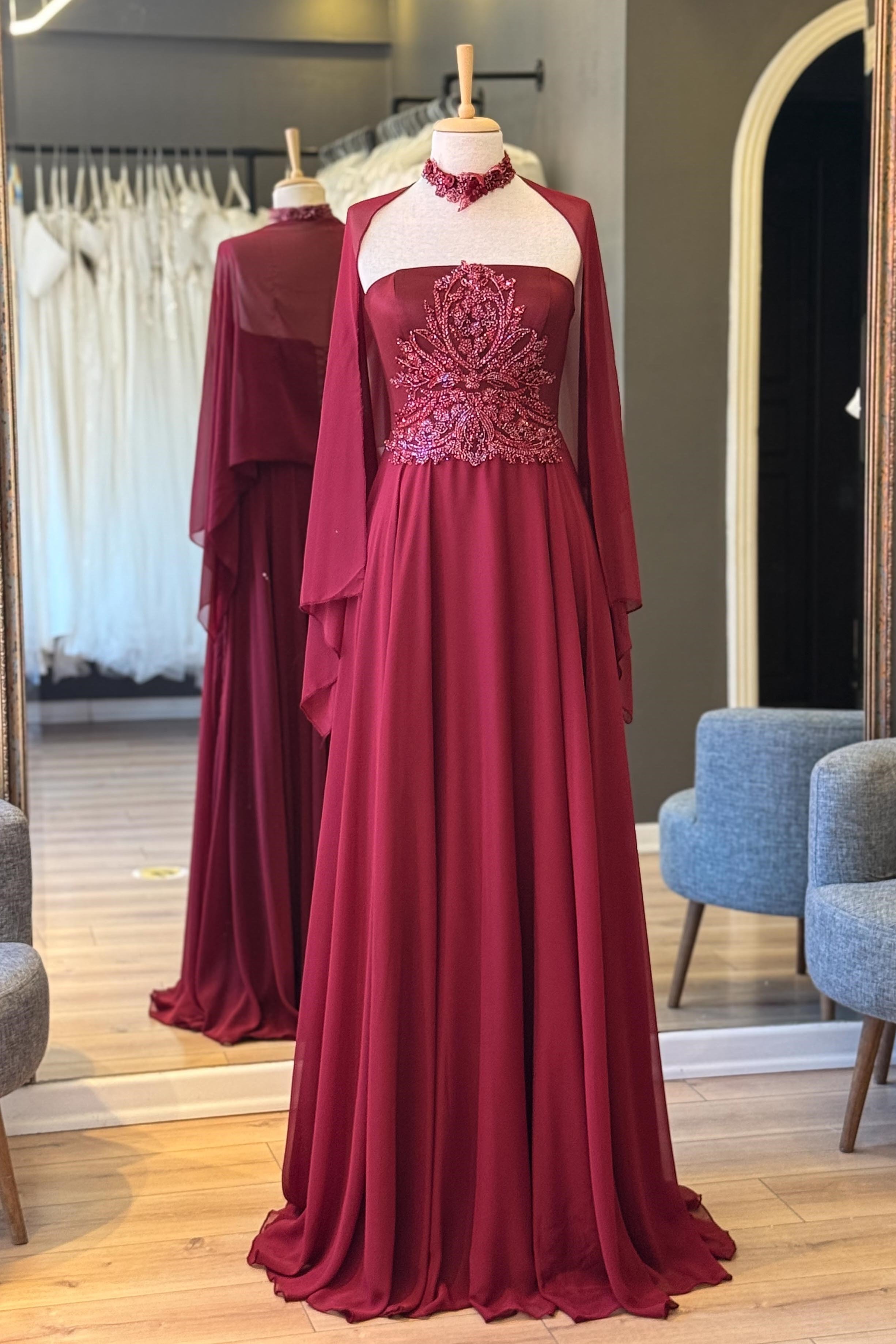 Bordo Düz Yaka Şifon Abiye ve Nikah Elbisesi