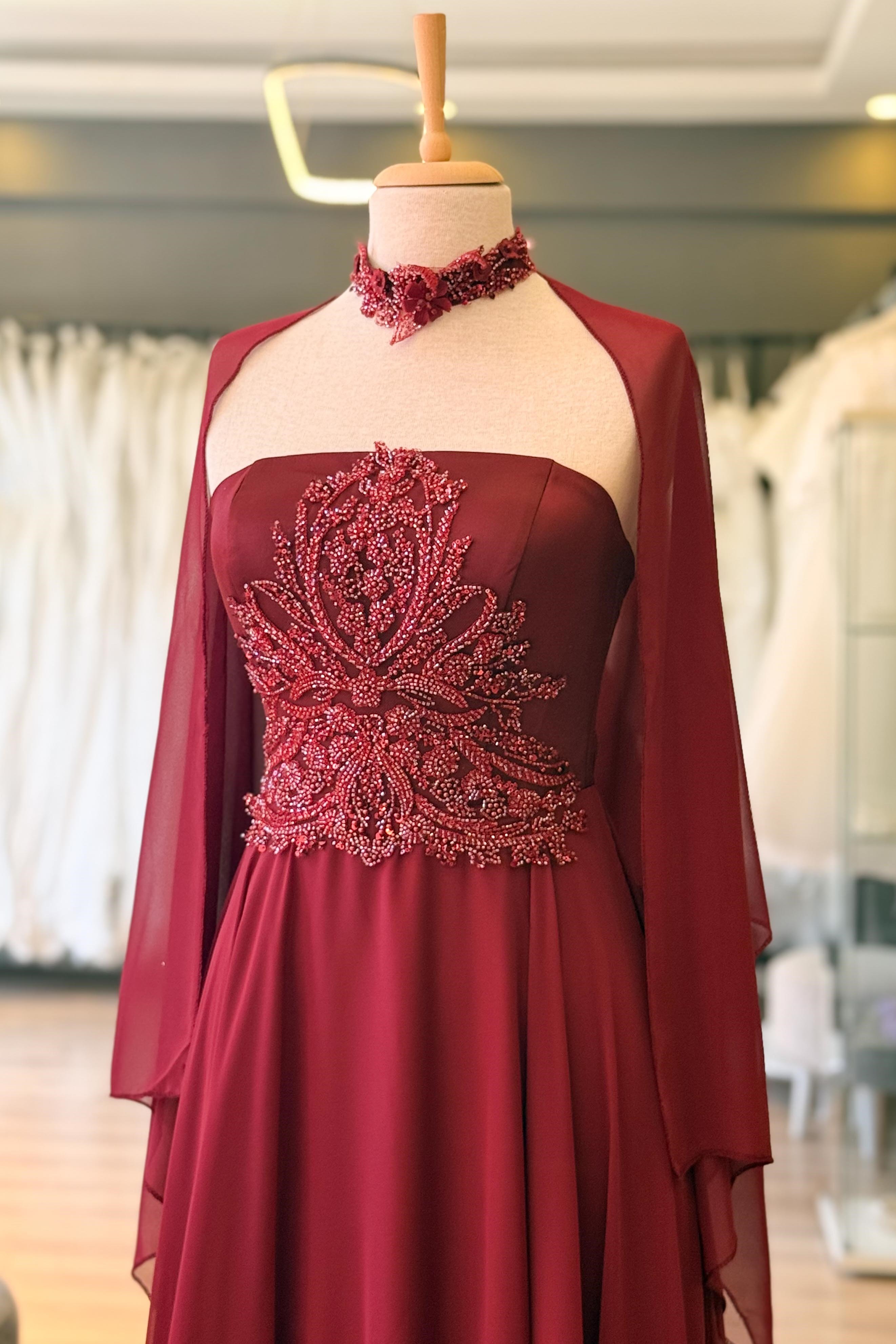 Bordo Düz Yaka Şifon Abiye ve Nikah Elbisesi
