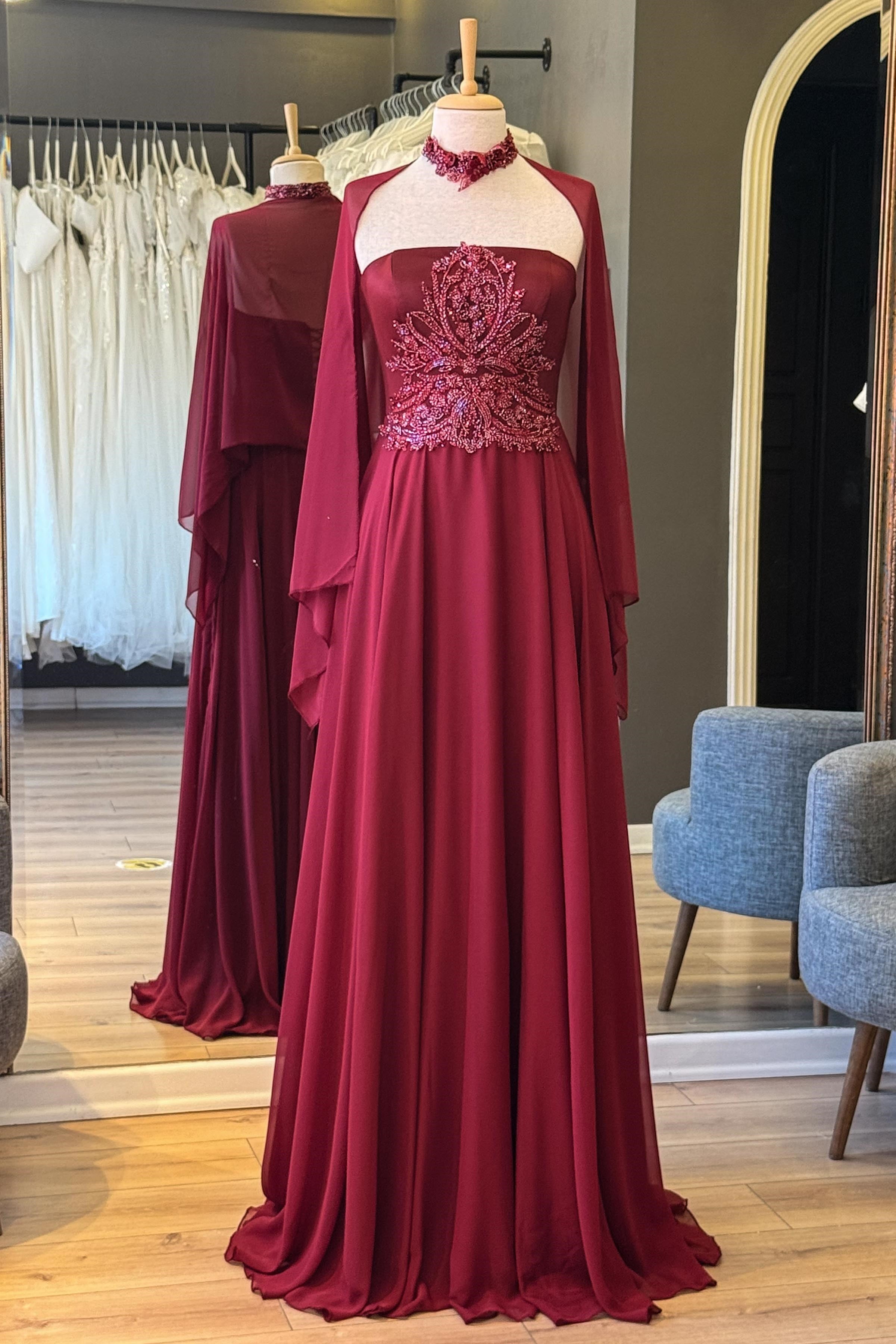 Bordo Düz Yaka Şifon Abiye ve Nikah Elbisesi