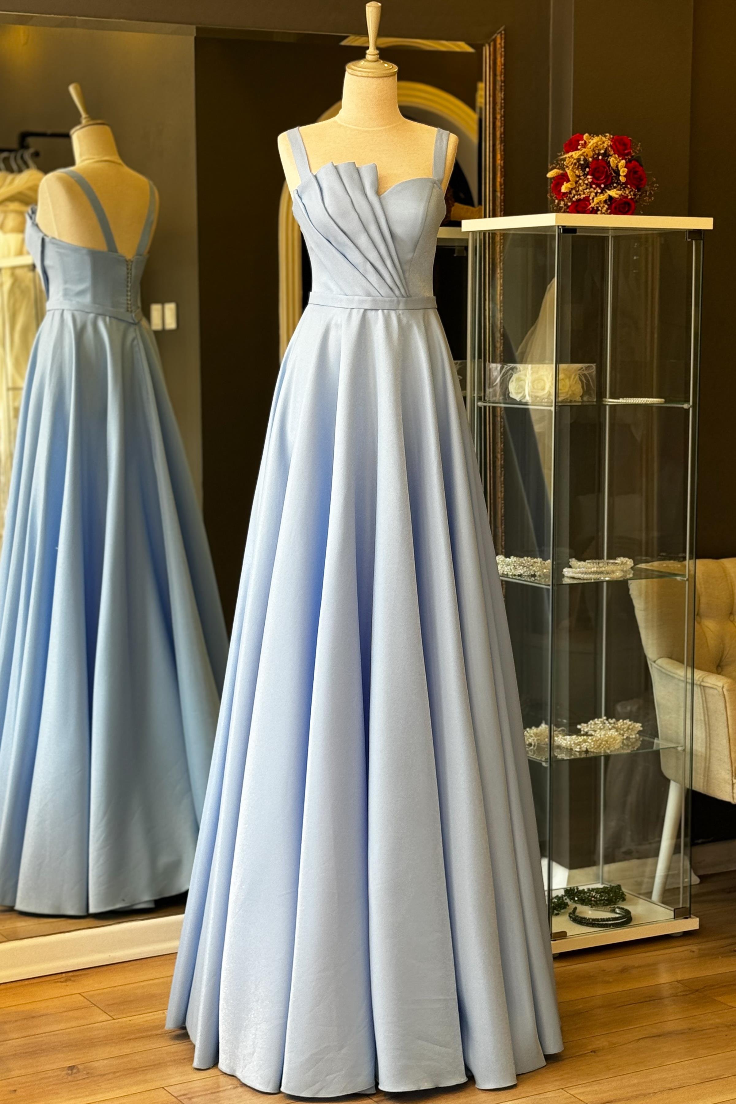 Buz Mavi Drape Detaylı Maxi Boy Saten Abiye ve Gece Elbisesi