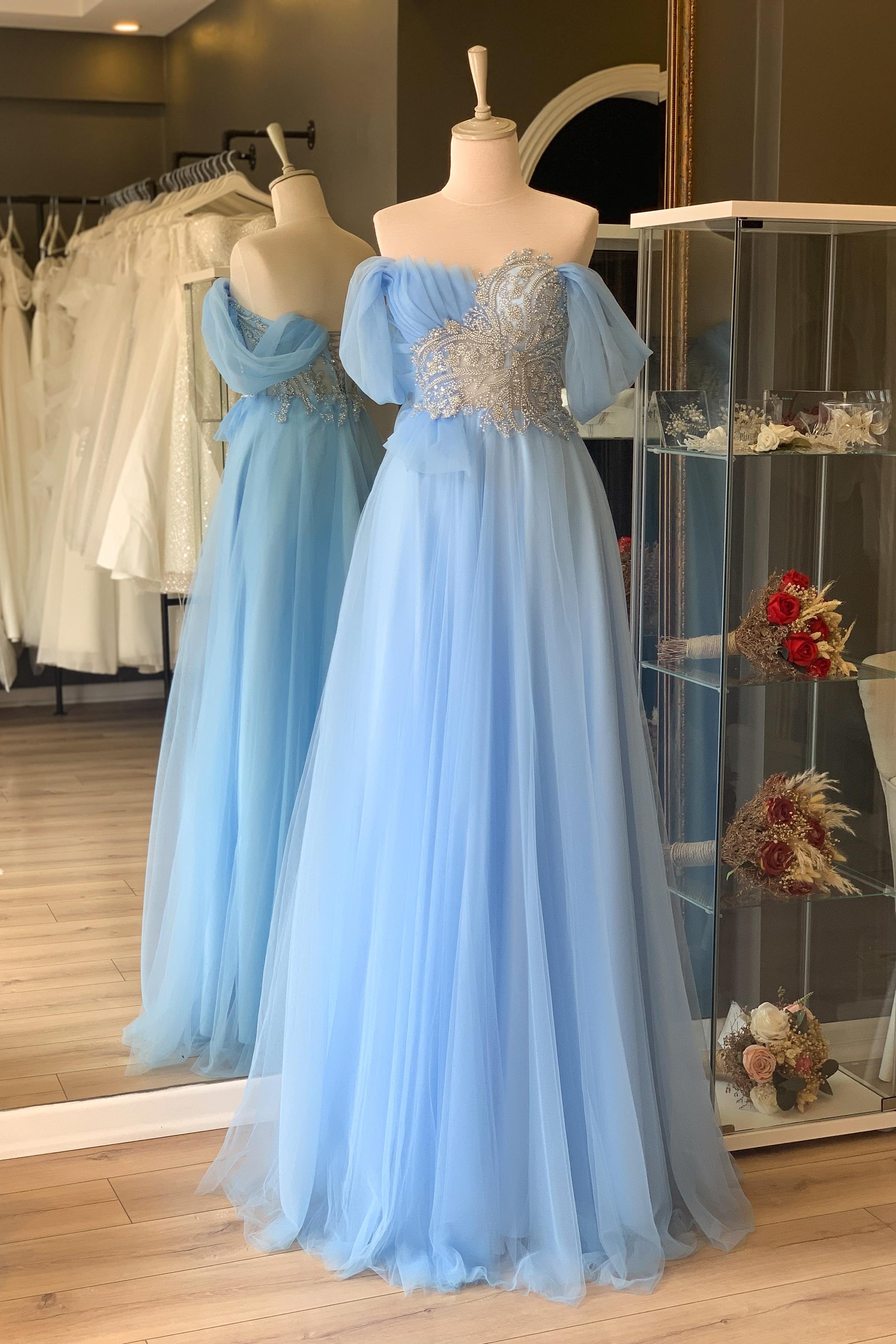 Buz Mavi Göğsü Drape Detaylı Abiye ve Gece Elbisesi