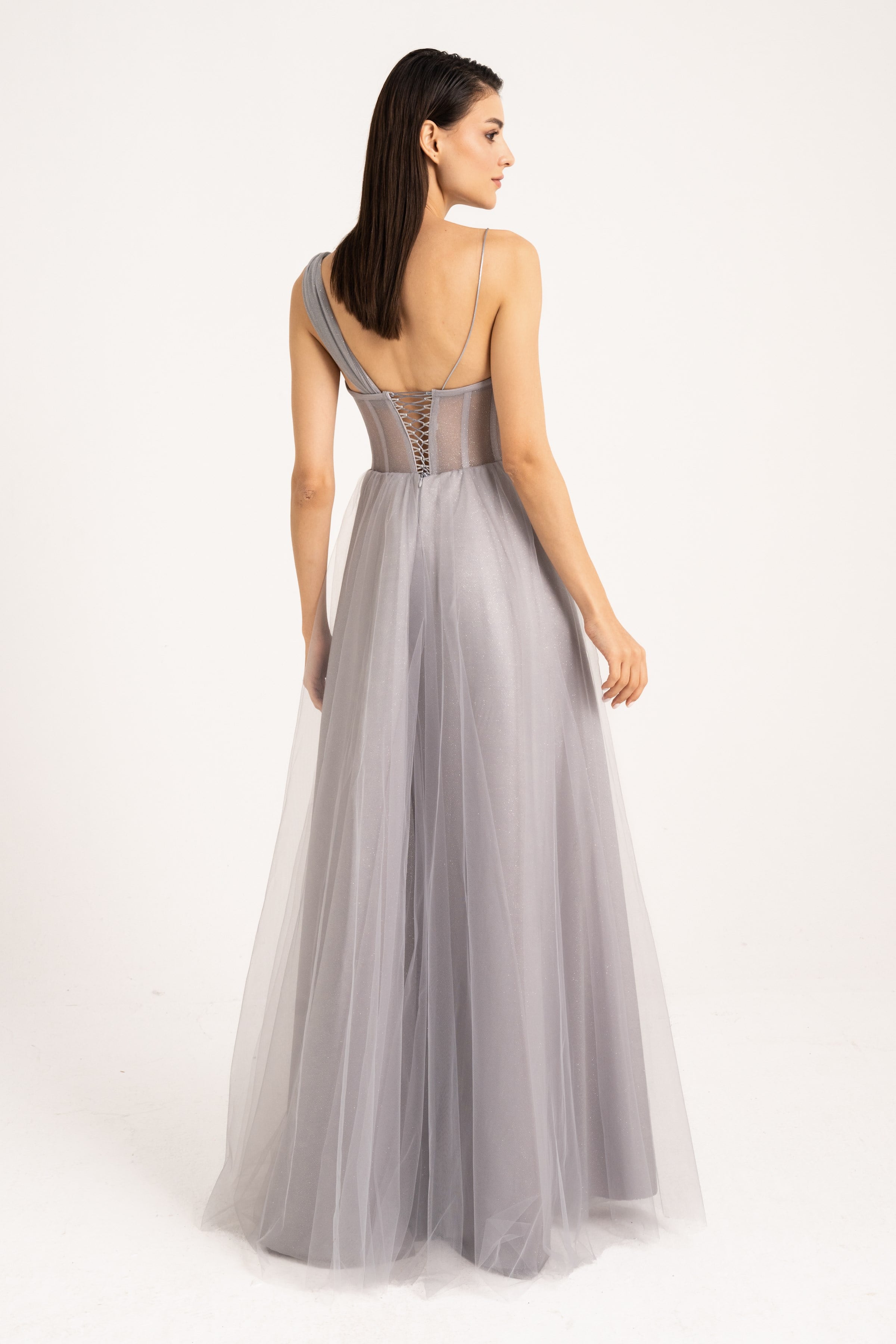 Drape Detaylı Simli Gri Abiye ve Gece Elbisesi 