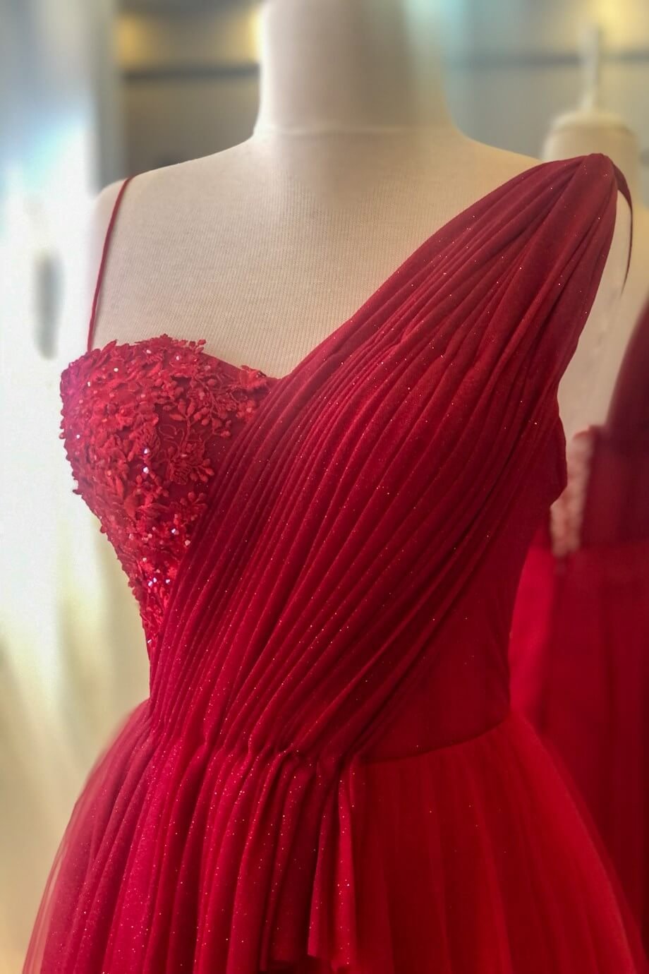 Red Draped Detailed Silvery Evening Dress