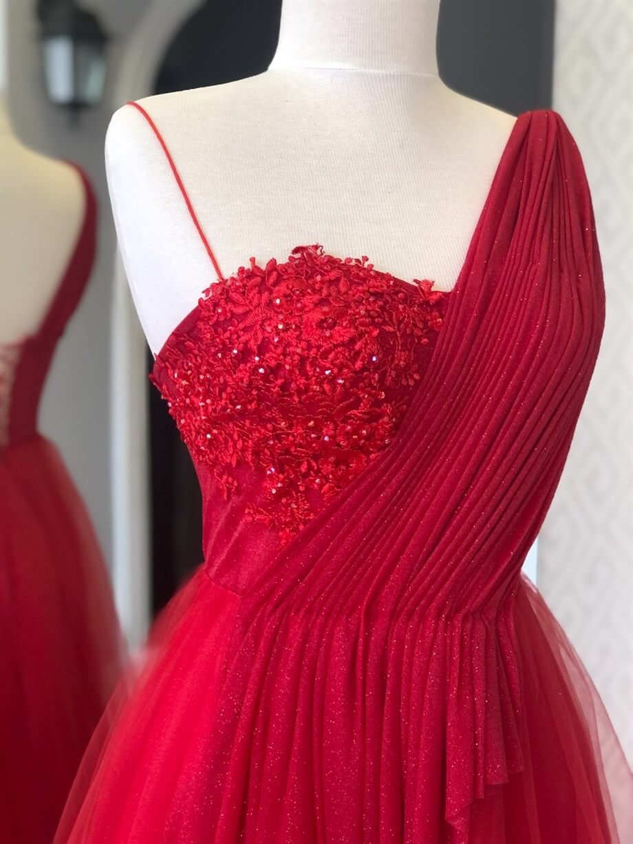 Red Draped Detailed Silvery Evening Dress