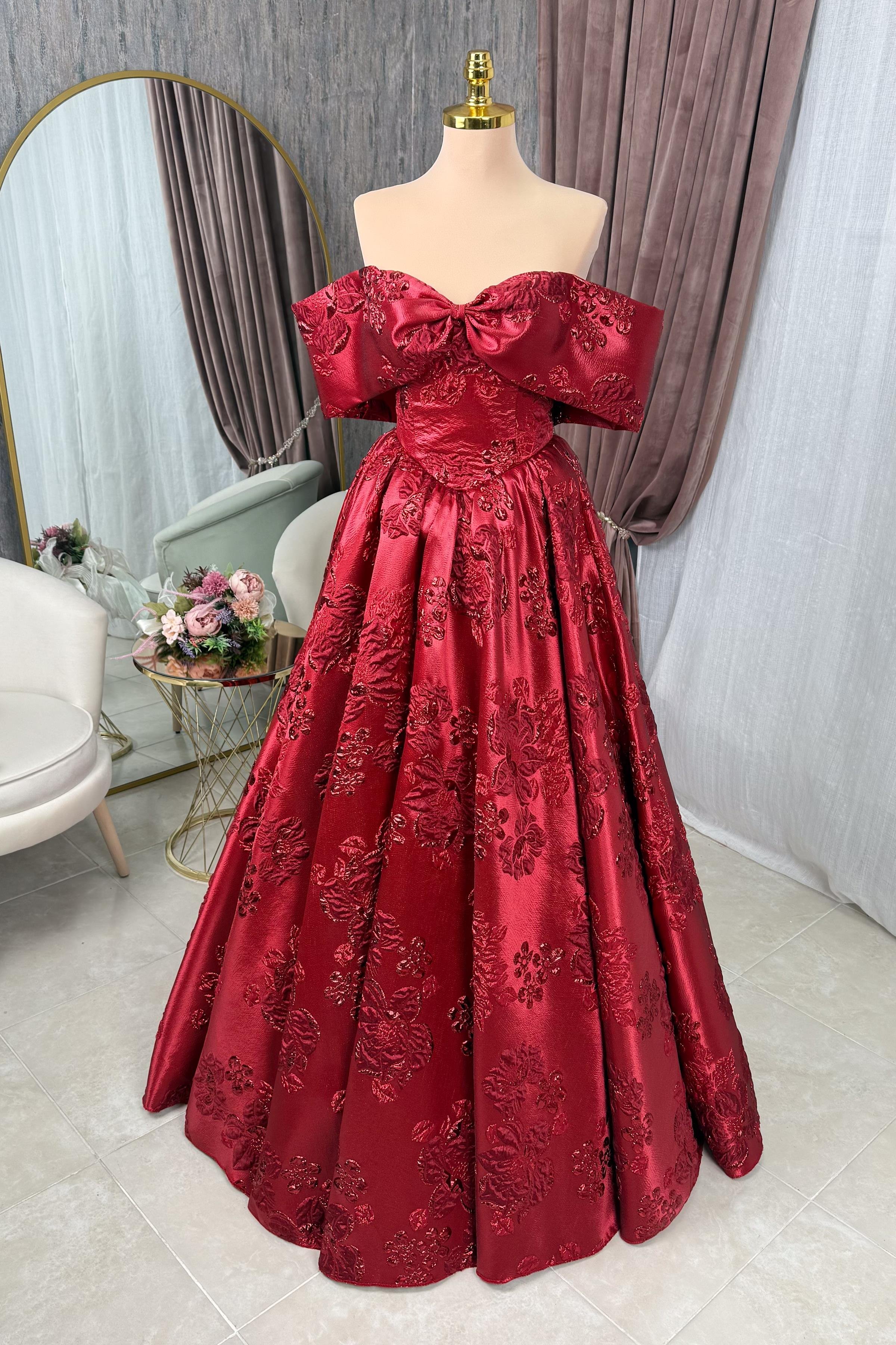 Kırmızı Brokar Maxi Boy Abiye ve Düğün Elbisesi