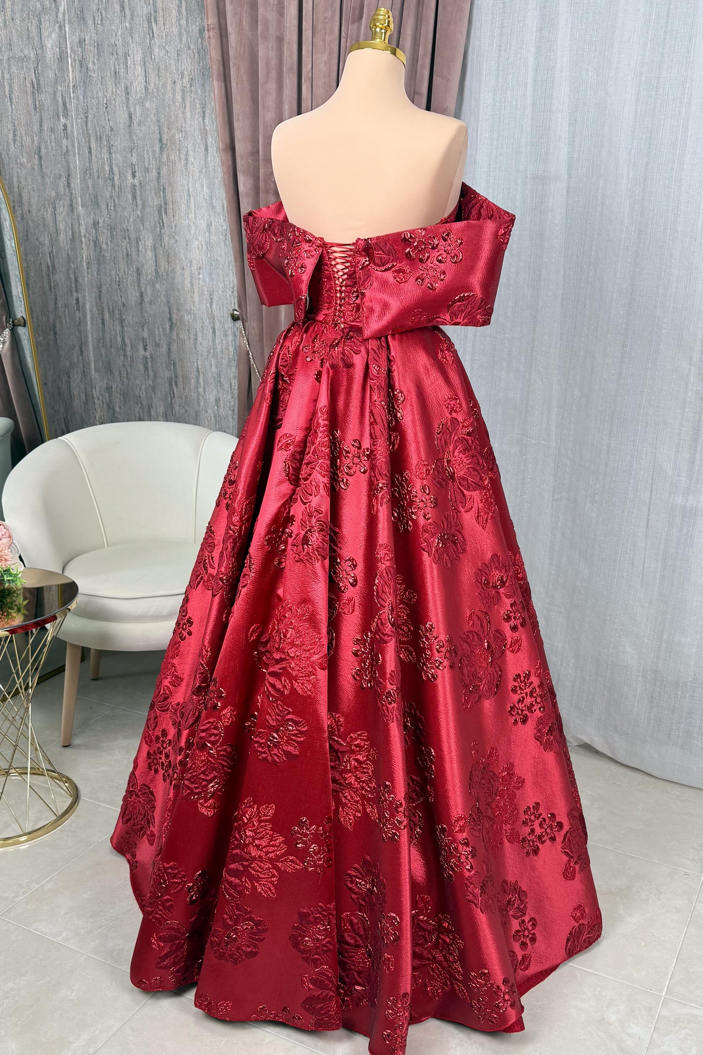 Kırmızı Brokar Maxi Boy Abiye ve Düğün Elbisesi