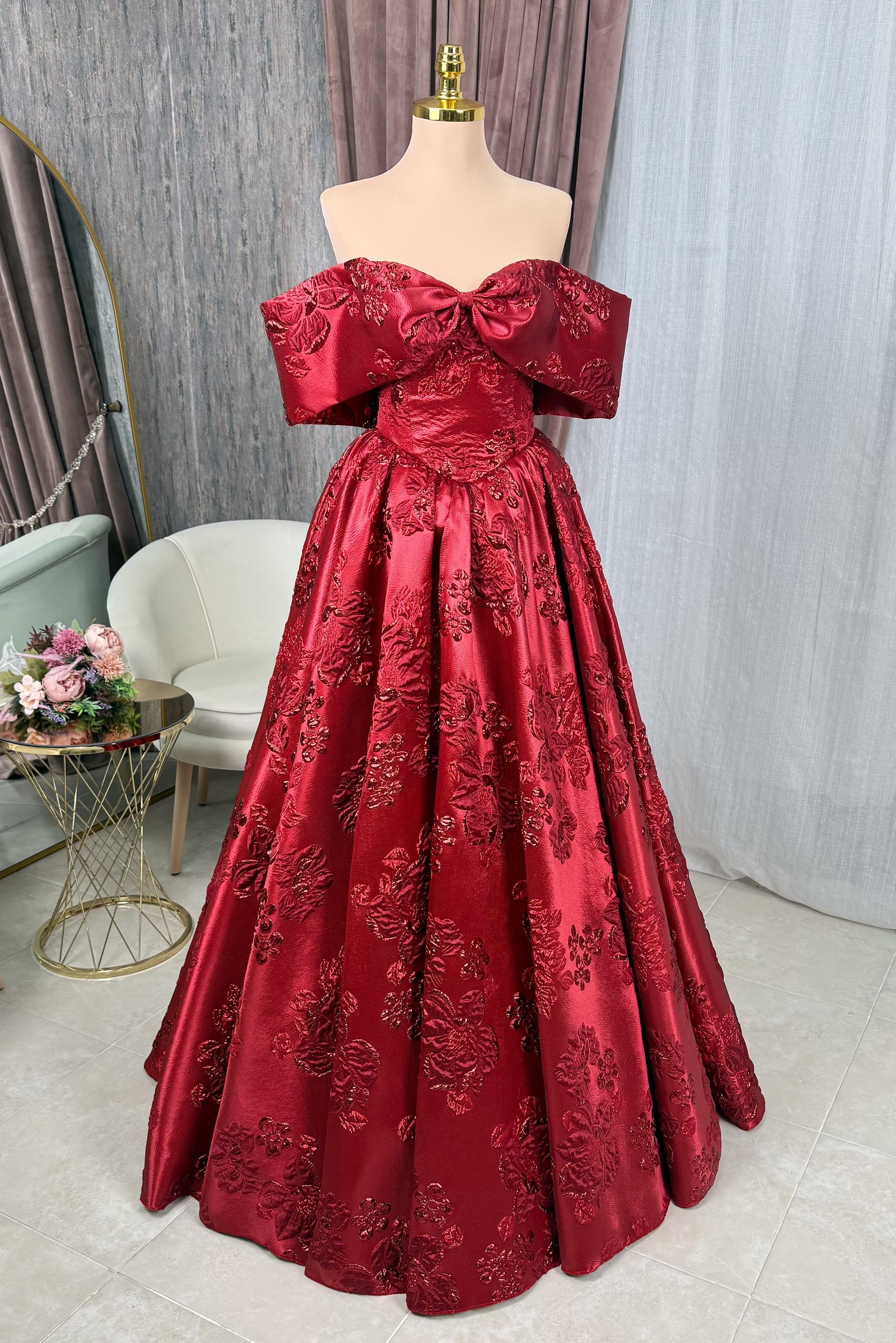 Kırmızı Brokar Maxi Boy Abiye ve Düğün Elbisesi