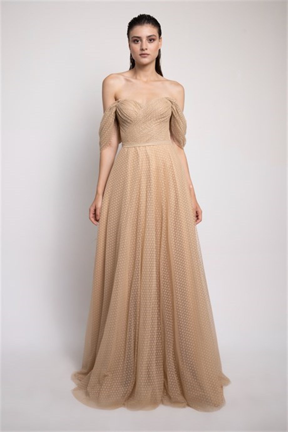 Flesh-color Polka Dot Maxi Engagement and Evening Dress