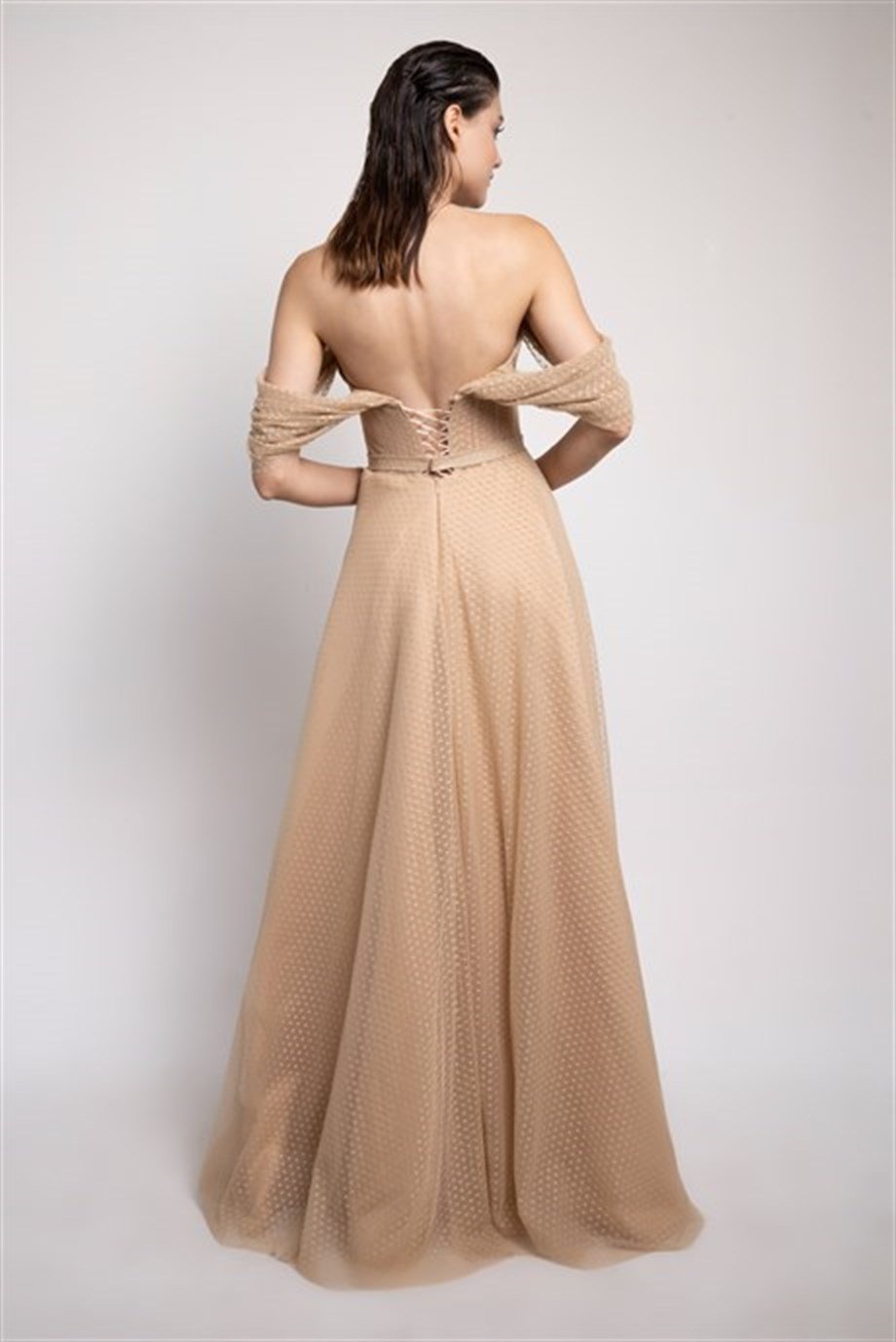 Flesh-color Polka Dot Maxi Engagement and Evening Dress
