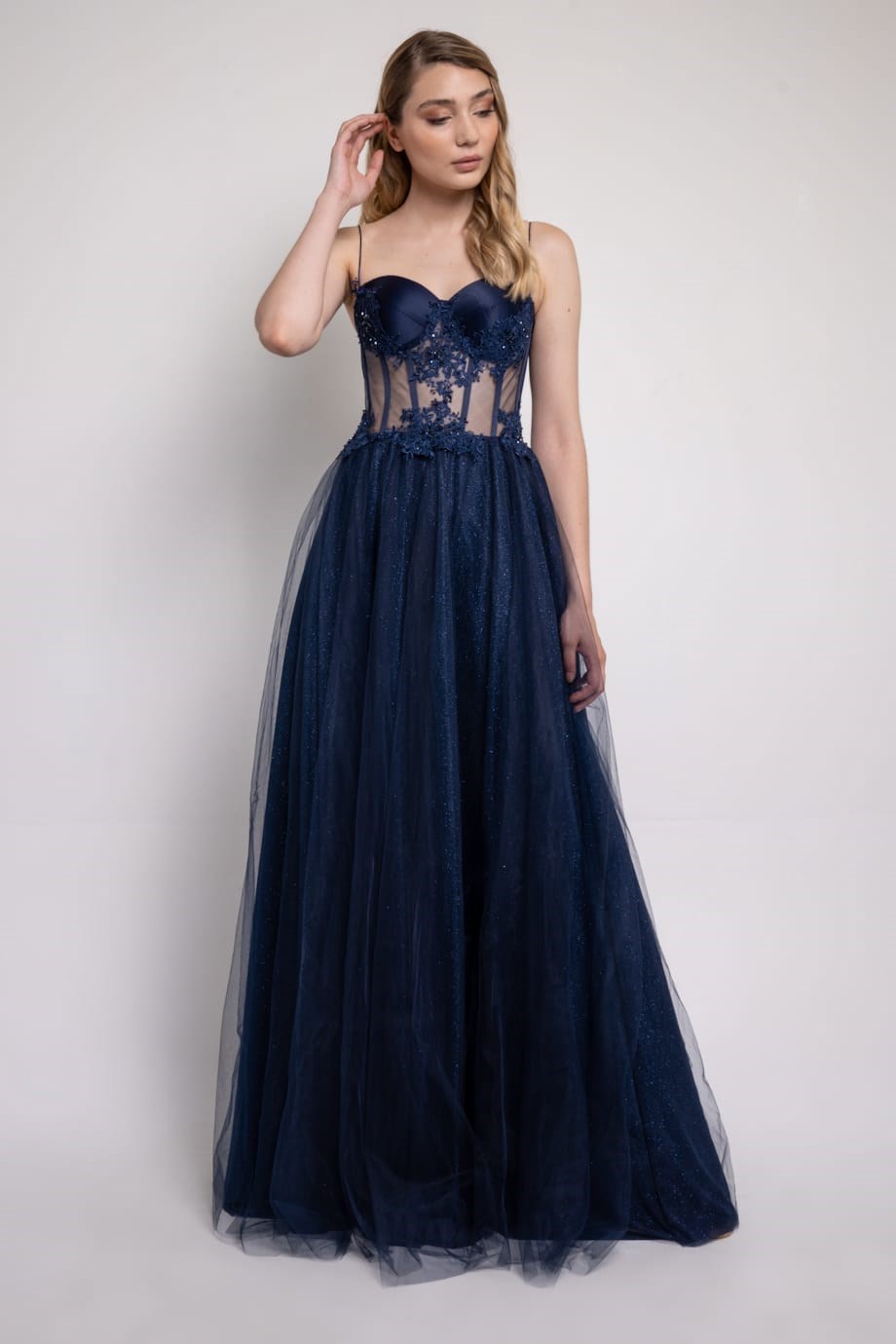 Dark Blue Lace Detailed Transparent Evening Dress