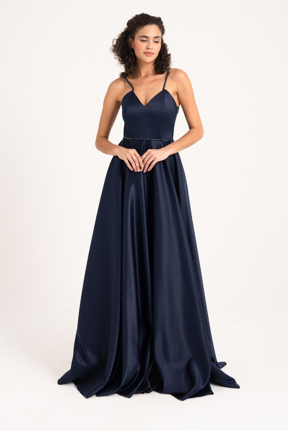 Dark Blue Belt Detailed Maxi Satin Evening Dress