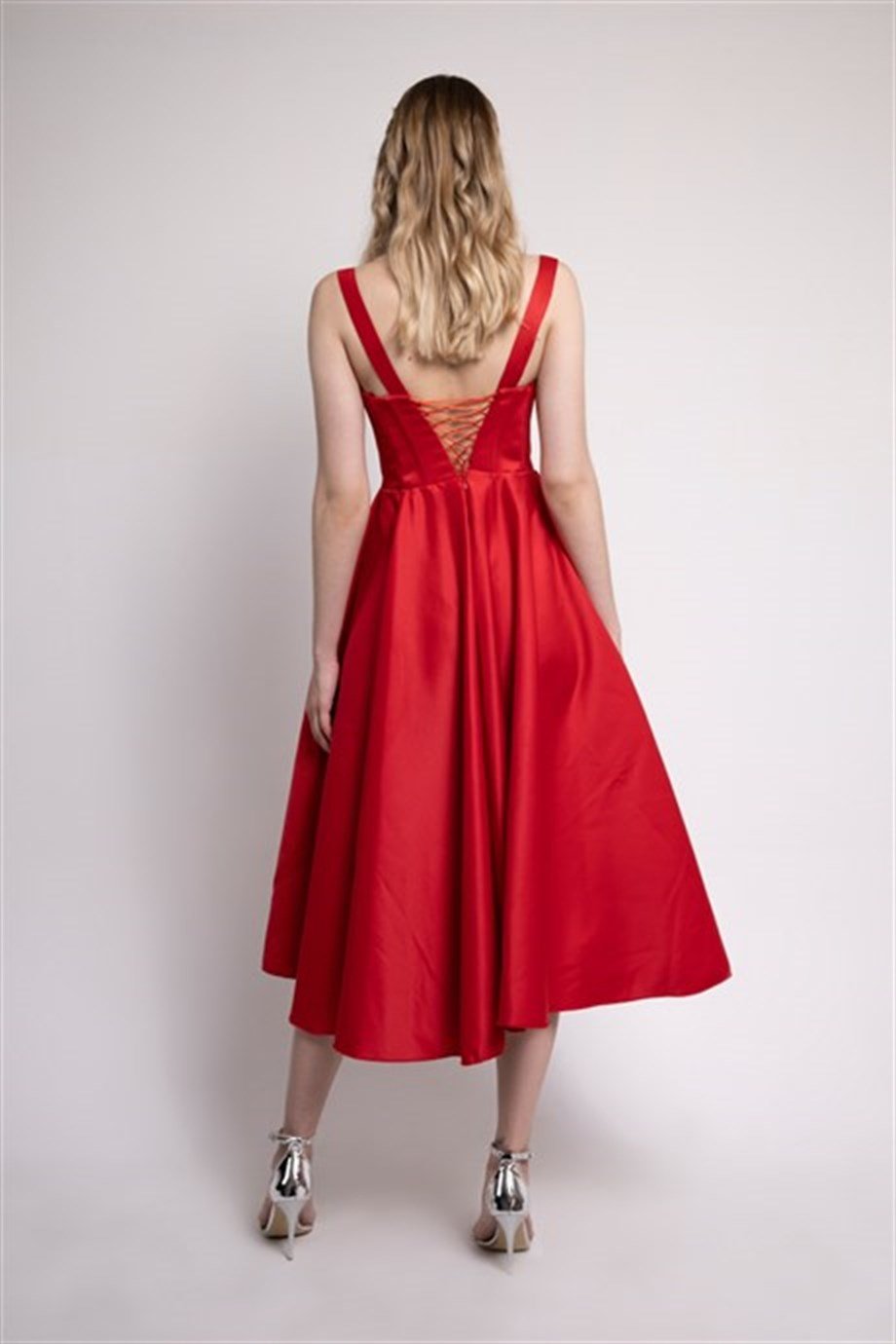 Red Midi Satin Evening and Prom Dress
