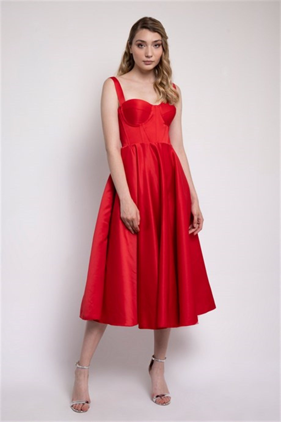 Red Midi Satin Evening and Prom Dress