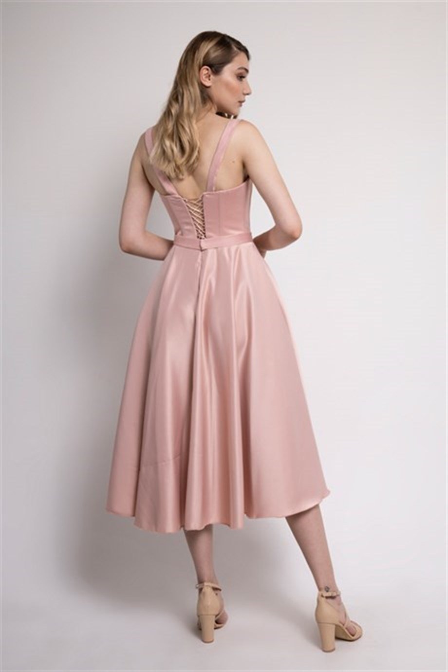Powder Color Midi Satin Evening and Prom Dress