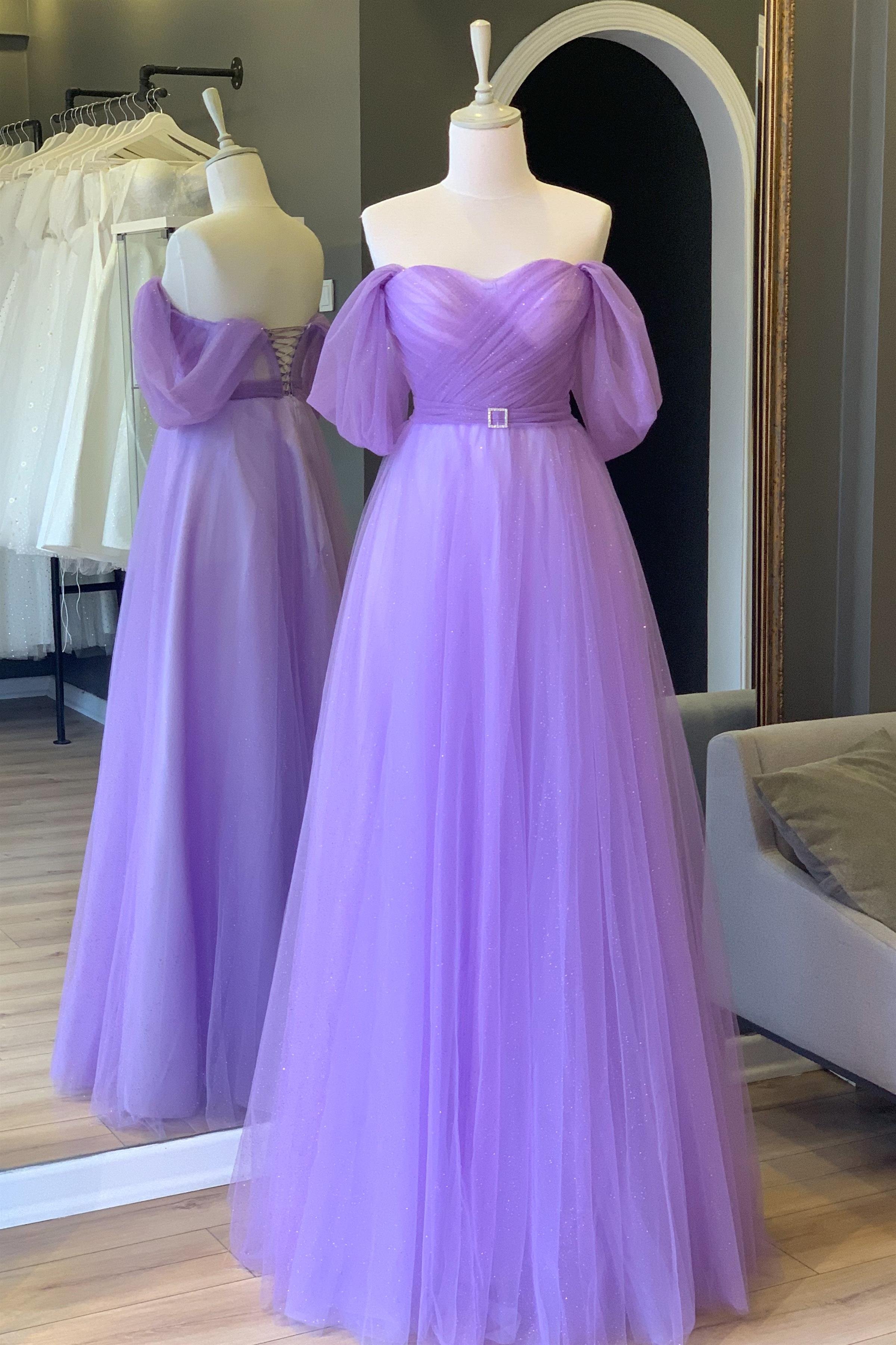 Lila Simli Drapeli Maxi Kemer Detaylı Transparan Abiye ve Gece Elbisesi