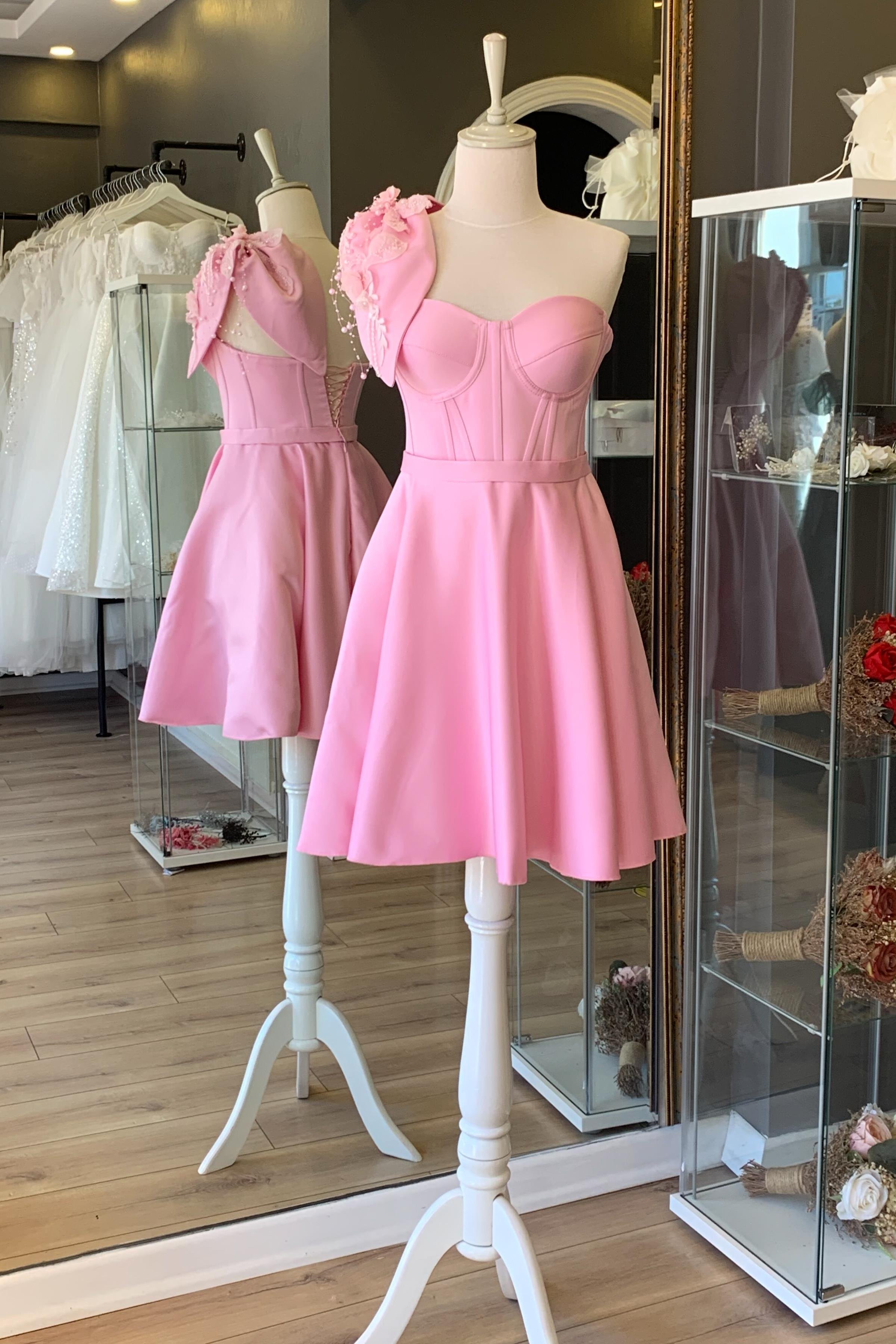 Pembe Saten Mini Abiye ve Gece Elbisesi