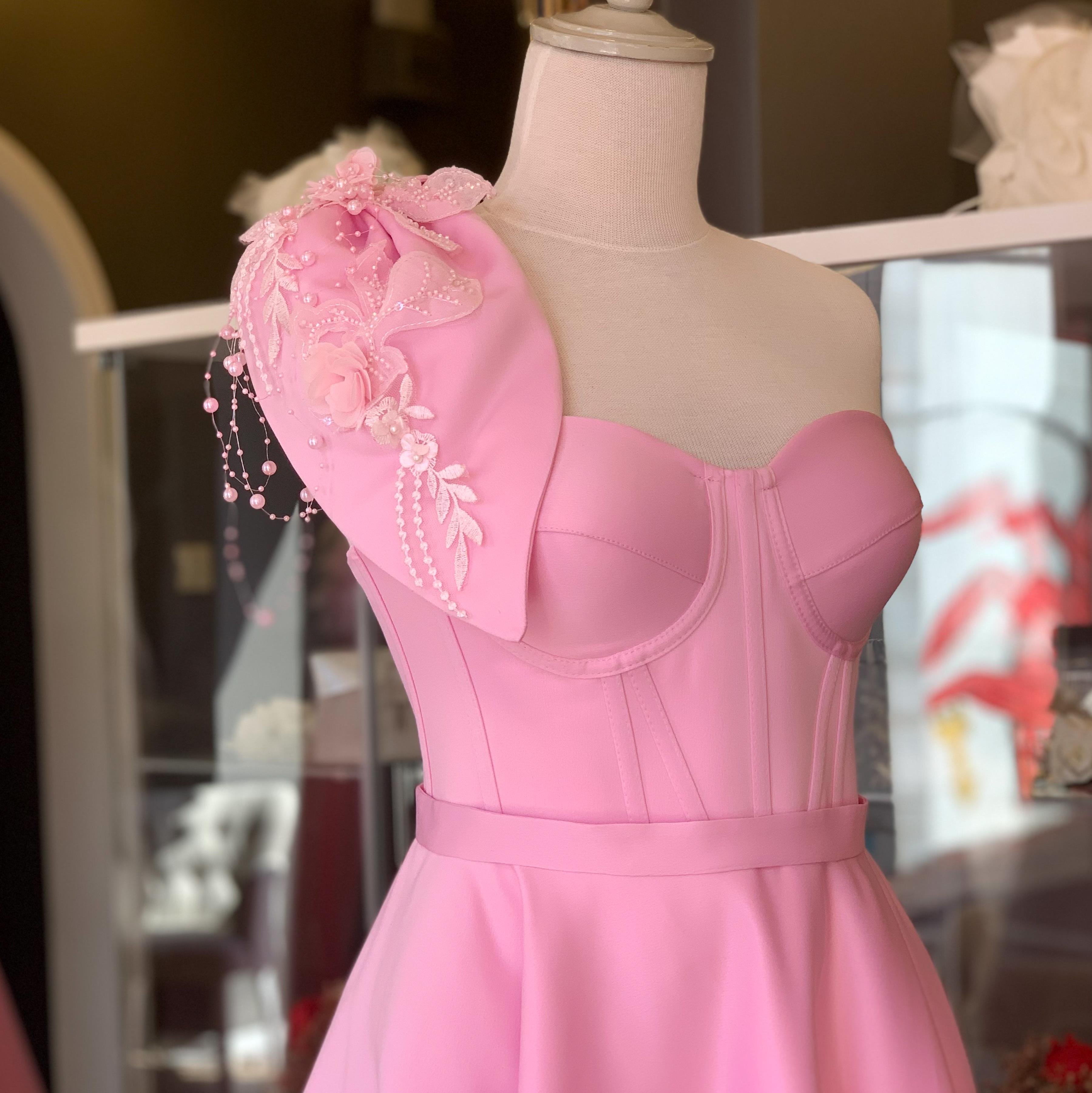 Pembe Saten Mini Abiye ve Gece Elbisesi