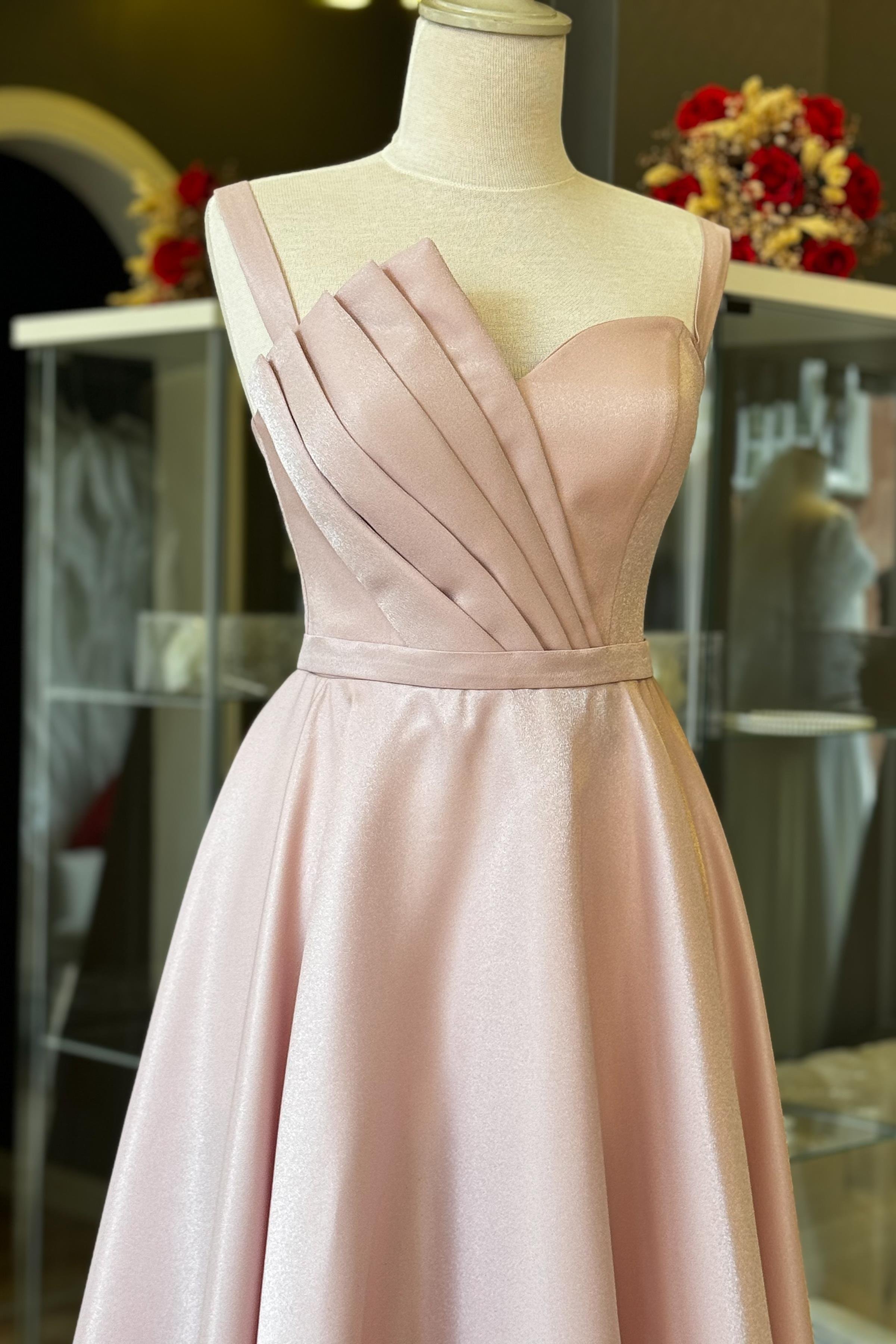 Pudra Drape Detaylı Maxi Boy Saten Abiye ve Gece Elbisesi