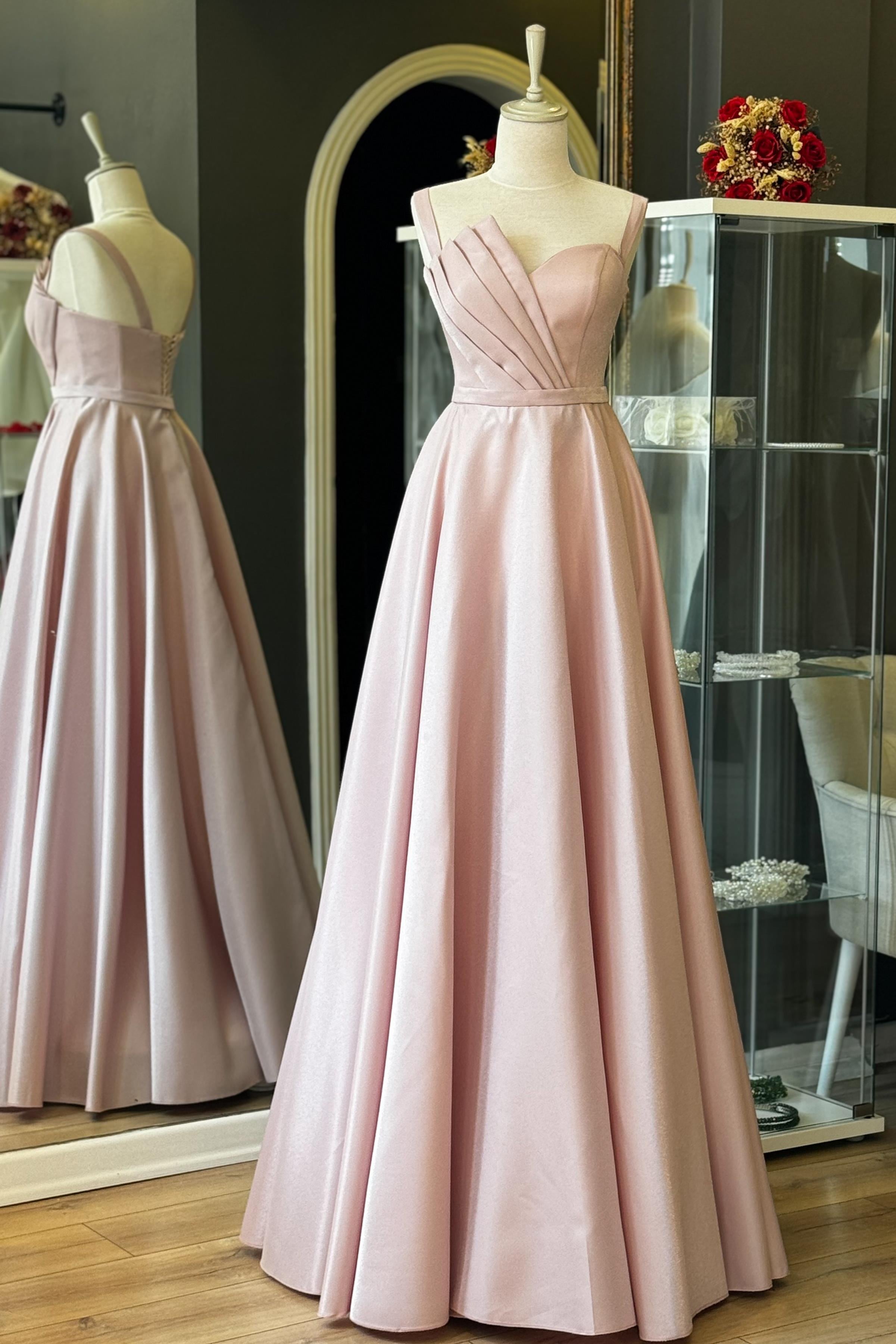 Pudra Drape Detaylı Maxi Boy Saten Abiye ve Gece Elbisesi