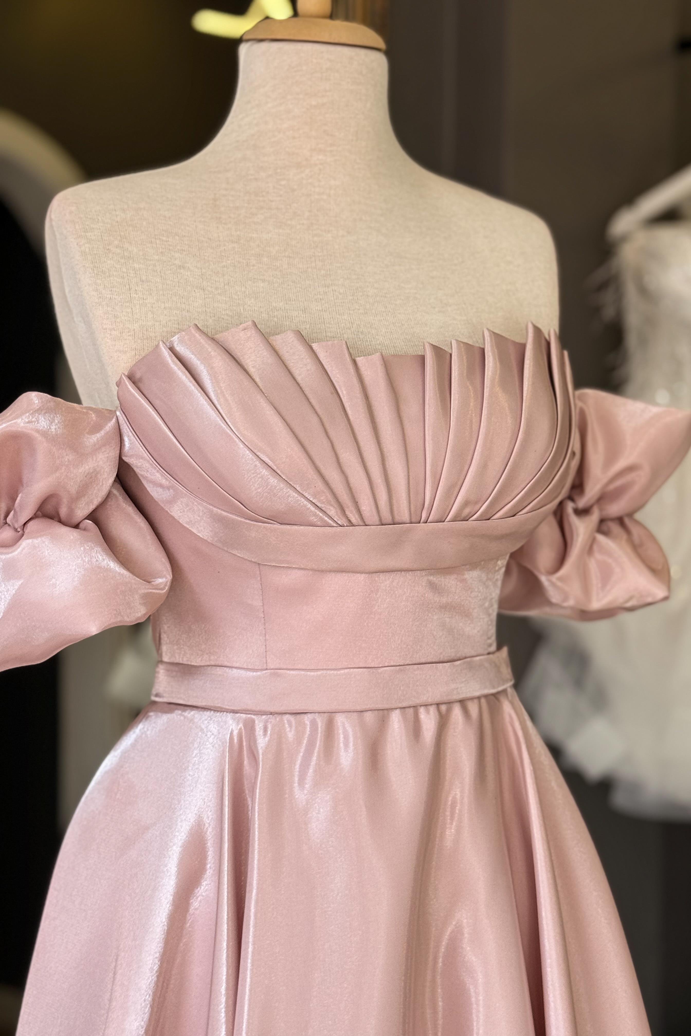 Pudra Göğüs Drape Detaylı Maxi Boy Lizbon Saten Abiye ve Gece Elbisesi