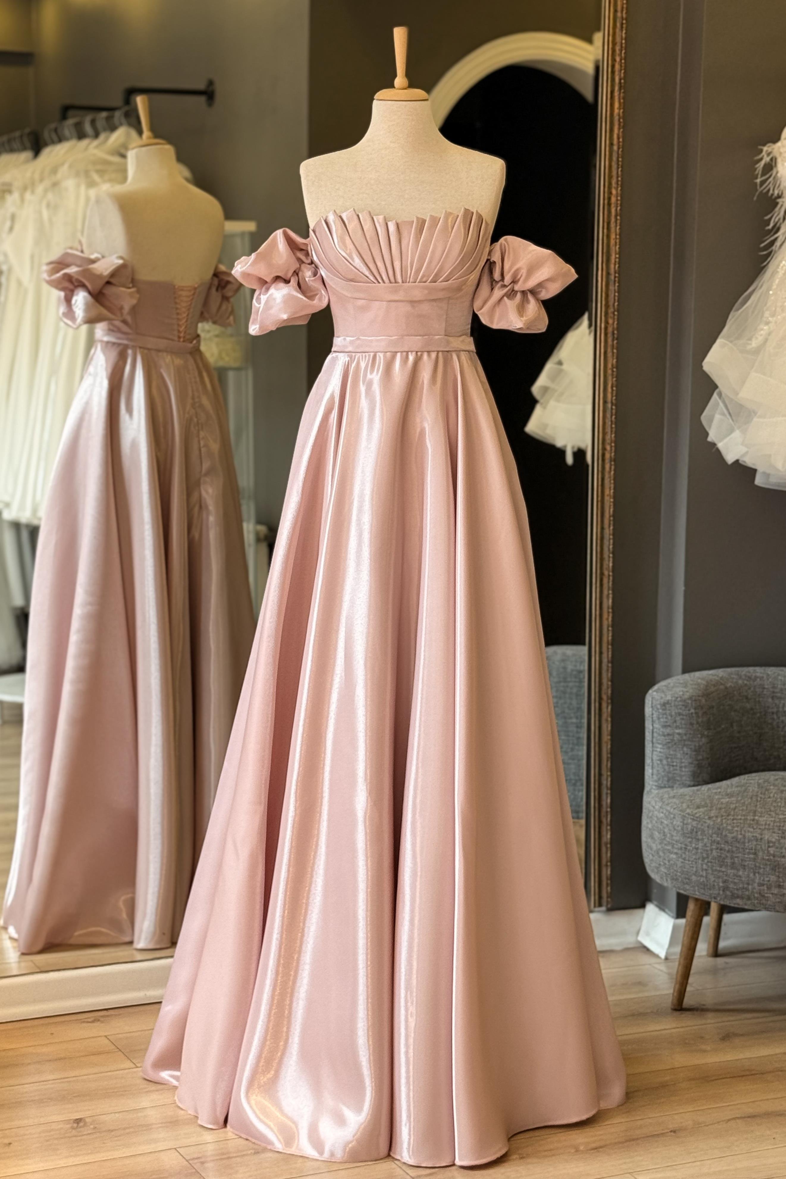 Pudra Göğüs Drape Detaylı Maxi Boy Lizbon Saten Abiye ve Gece Elbisesi
