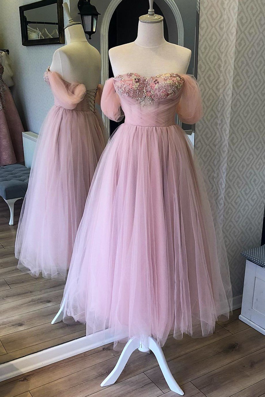 Powder Color Midi Evening Dress with Colorful Lace Detailed