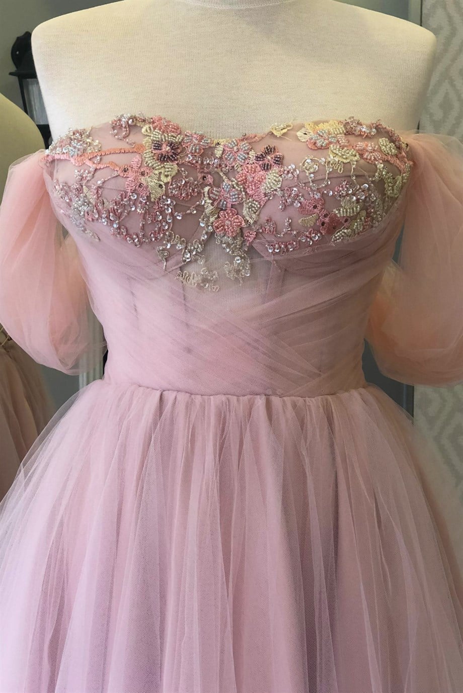 Powder Color Midi Evening Dress with Colorful Lace Detailed
