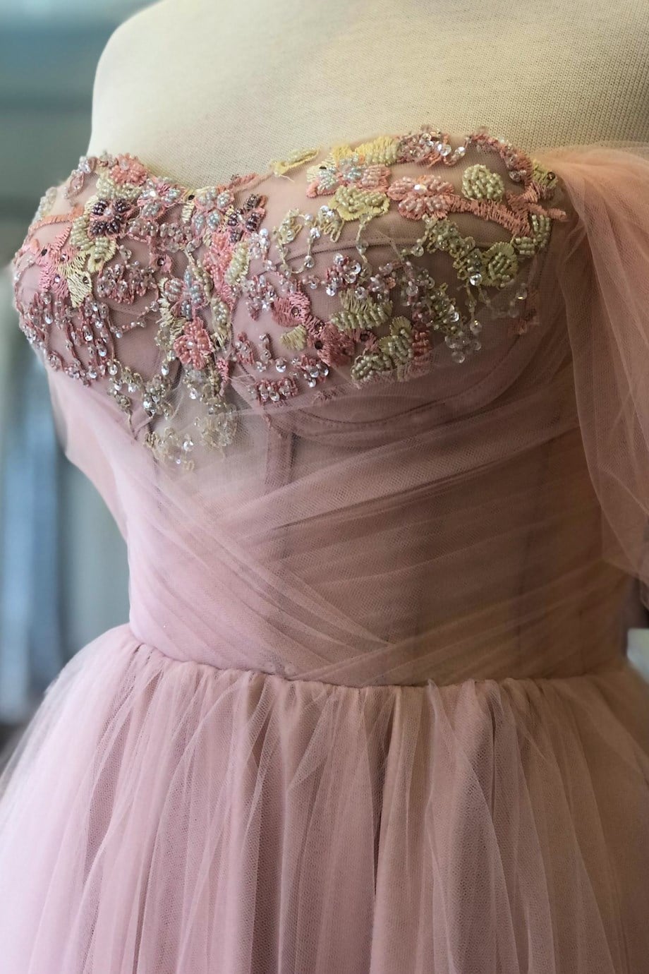 Powder Color Midi Evening Dress with Colorful Lace Detailed