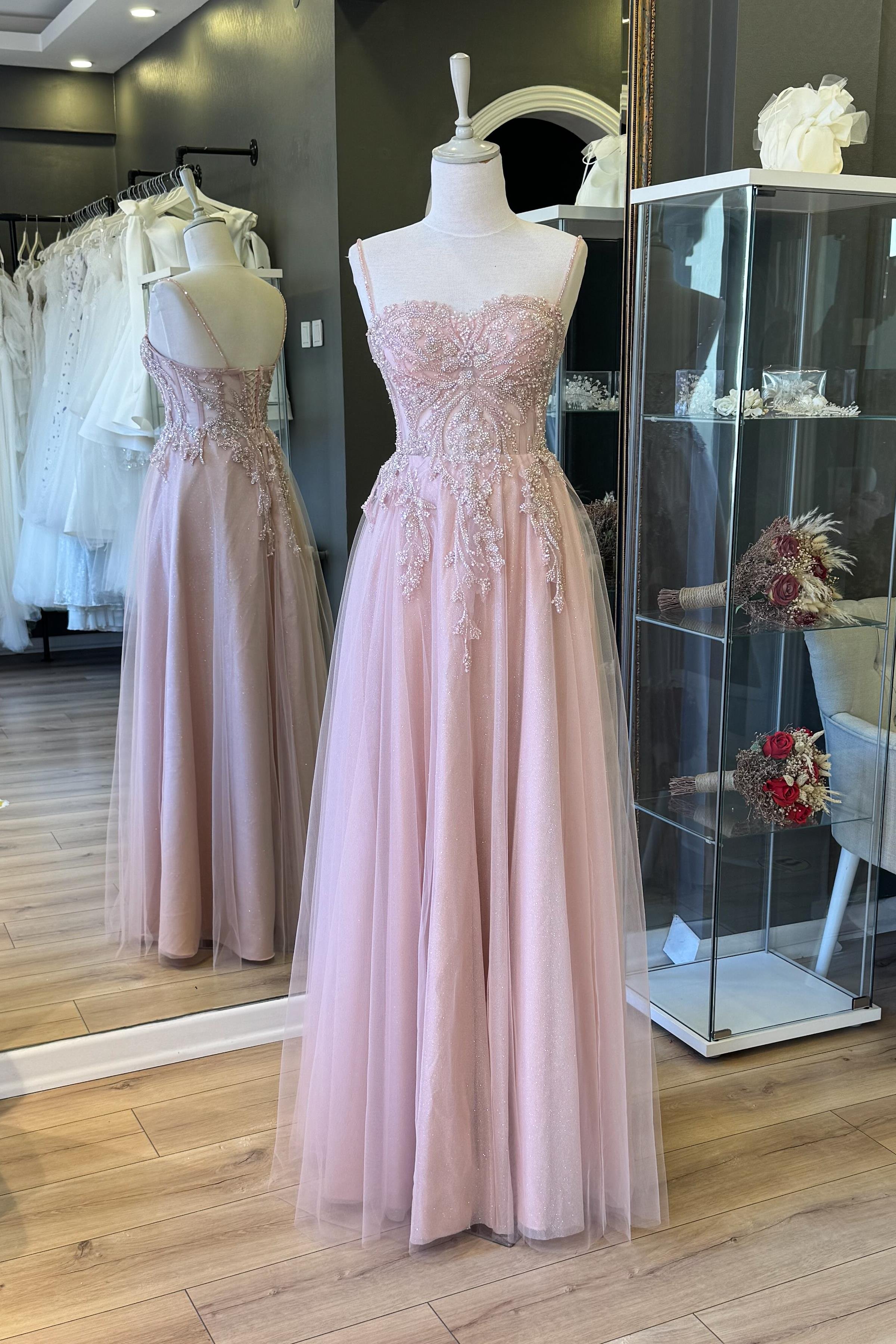 Pudra Simli Dantel Kaplama Maxi Boy Abiye ve Nikah Elbisesi