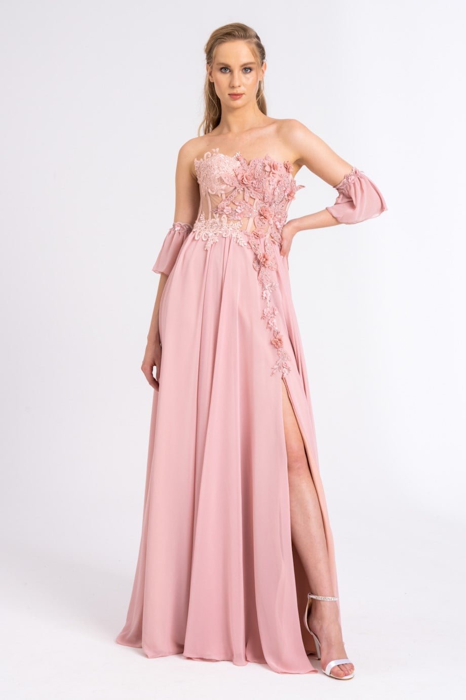 Powder Color Transparent Lace Detailed Chiffon Evening Dress