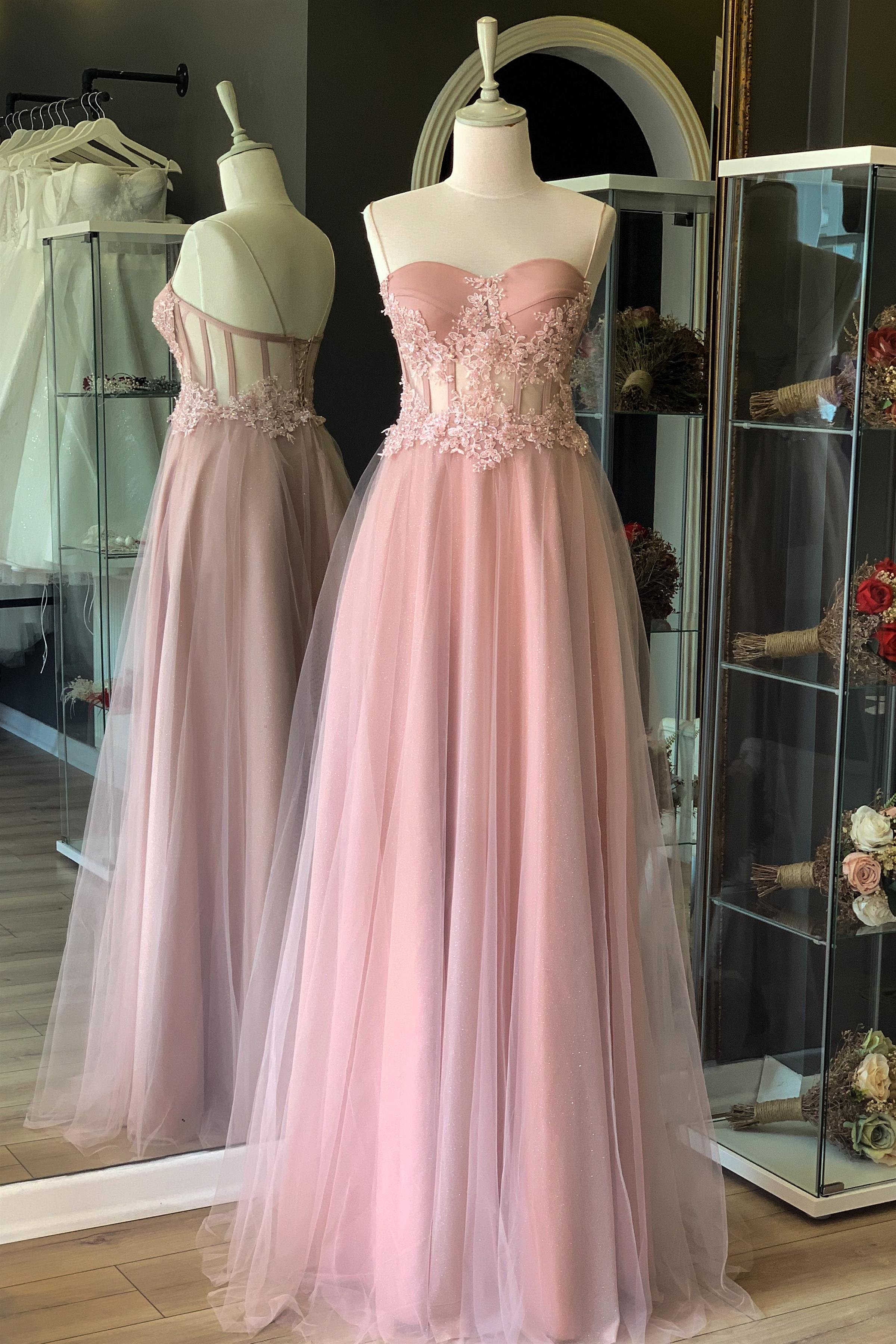 Pudra Transparan Kristal Işlemeli Dantel Detaylı Simli Maxi Abiye ve Nikah Elbisesi