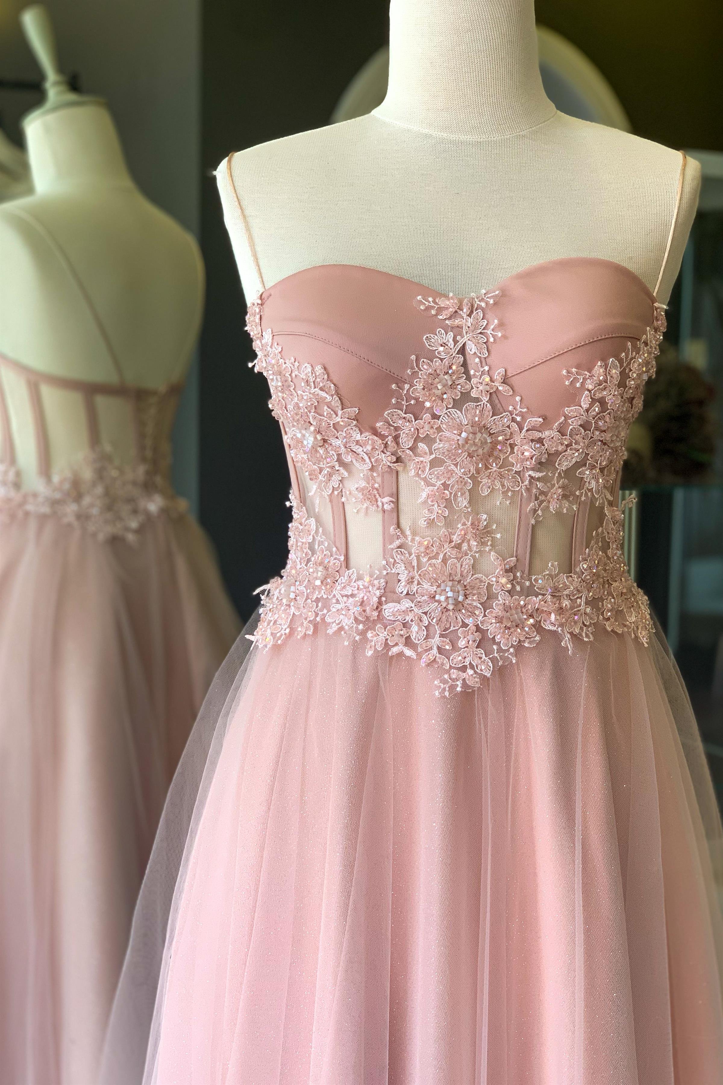 Pudra Transparan Kristal Işlemeli Dantel Detaylı Simli Maxi Abiye ve Nikah Elbisesi