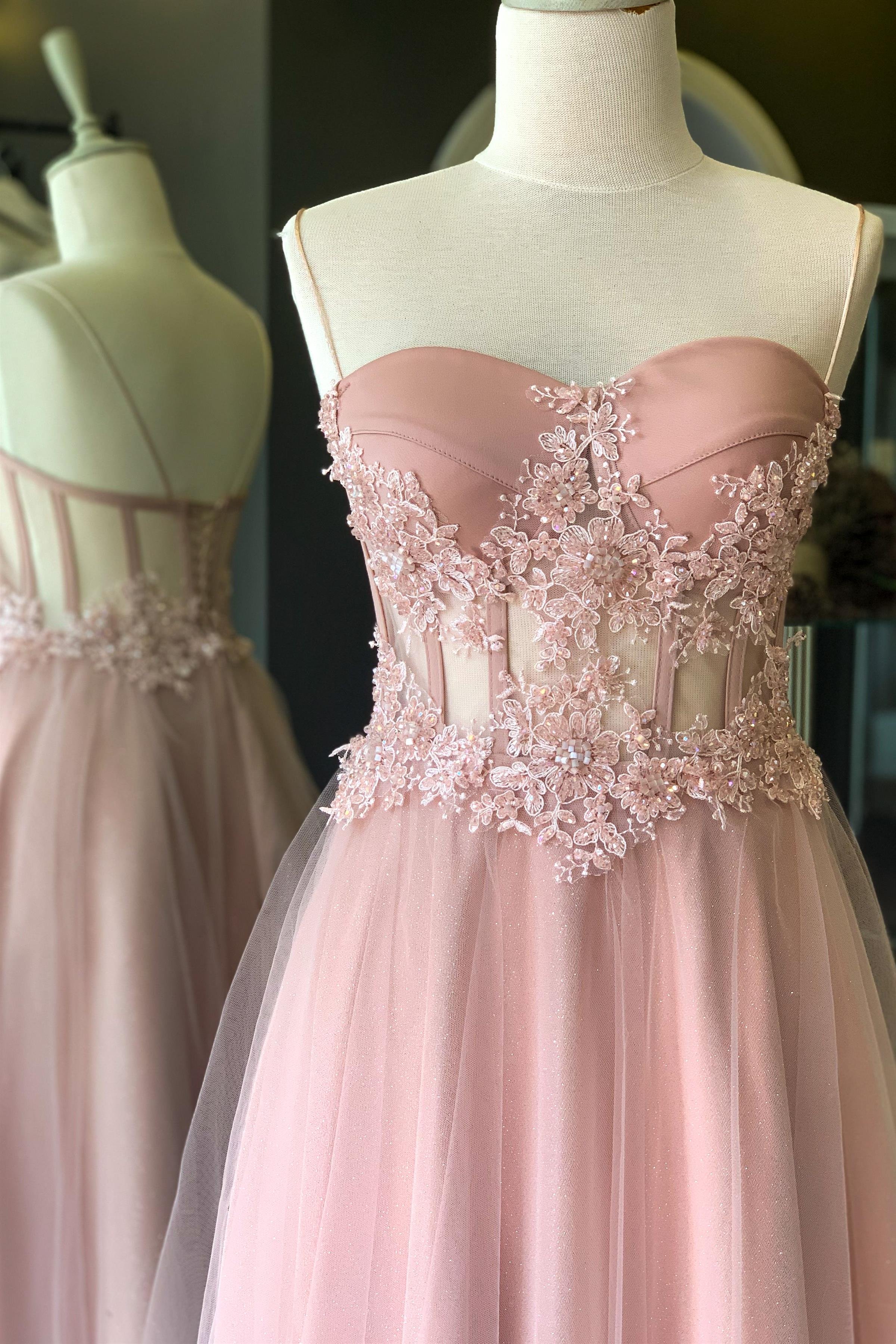 Pudra Transparan Kristal Işlemeli Dantel Detaylı Simli Maxi Abiye ve Nikah Elbisesi