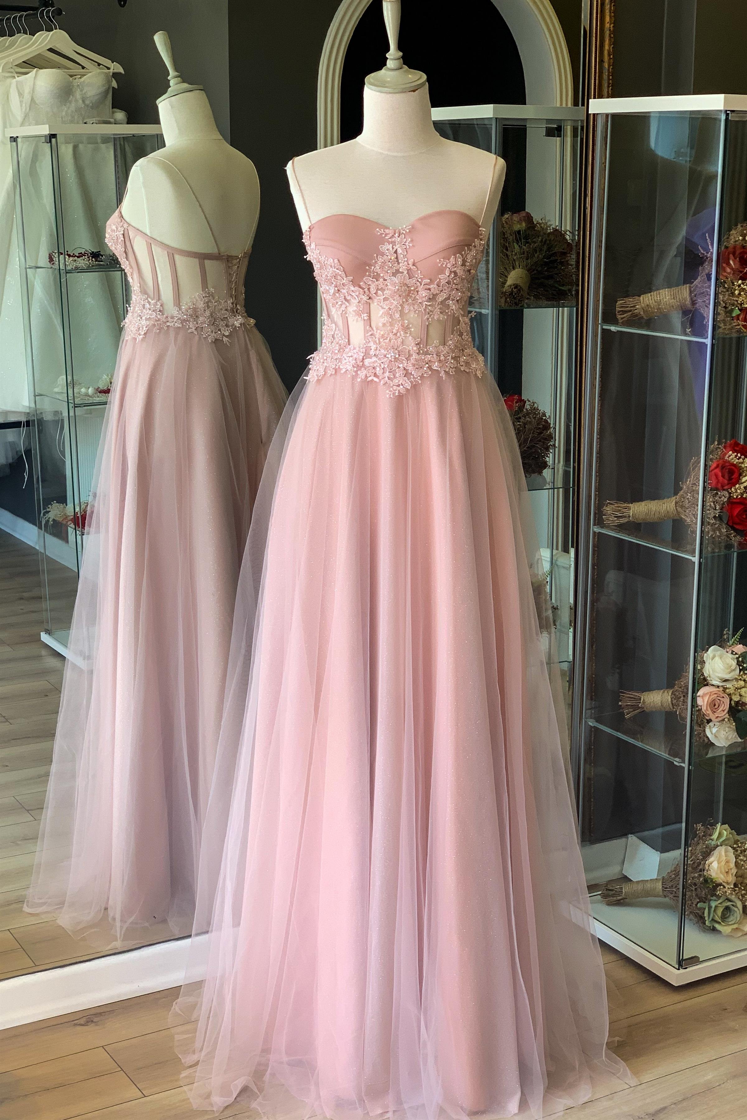 Pudra Transparan Kristal Işlemeli Dantel Detaylı Simli Maxi Abiye ve Nikah Elbisesi