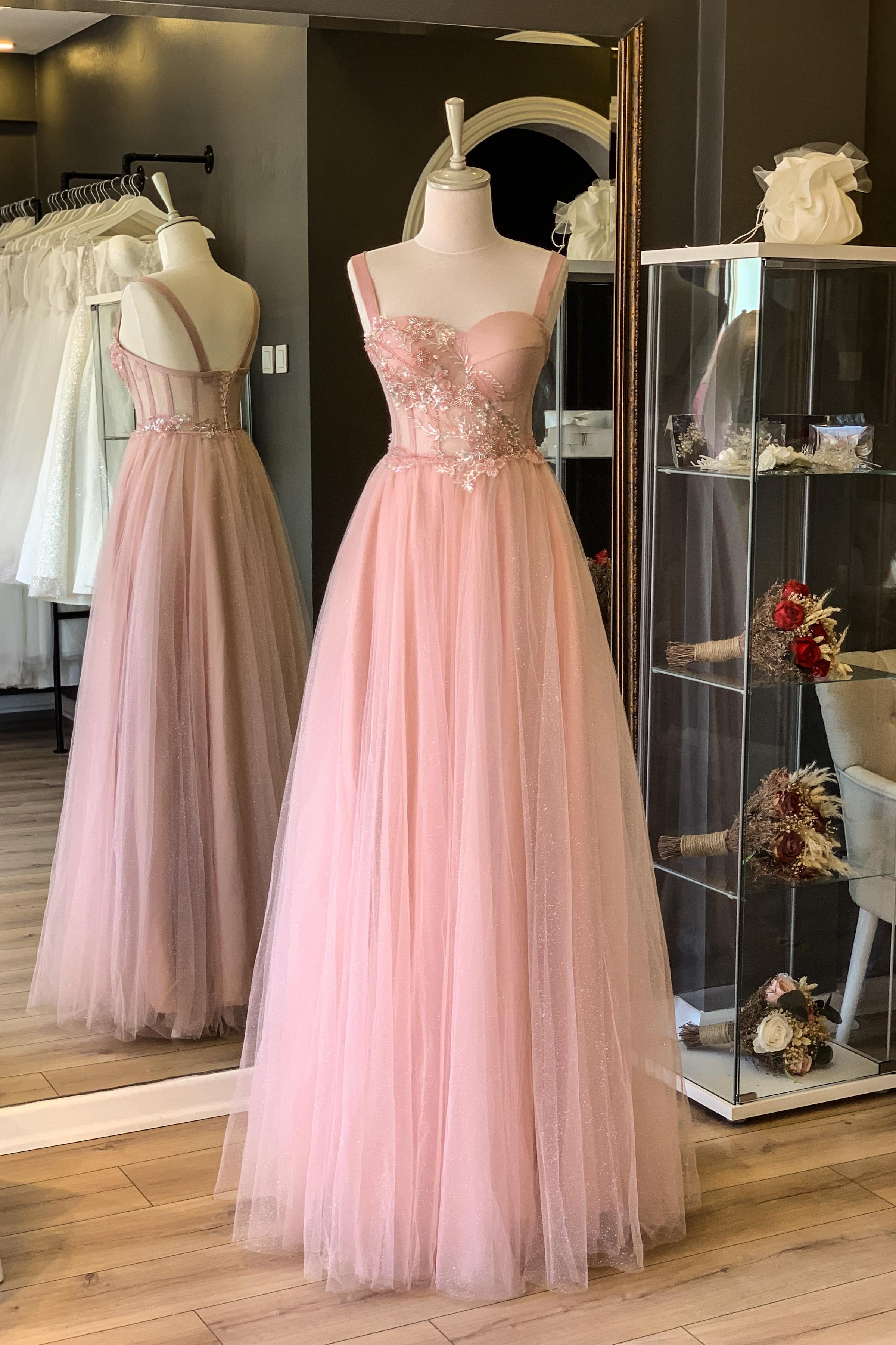 Simli Pudra Maxi Boy Dantelli Transparan Abiye ve Gece Elbisesi