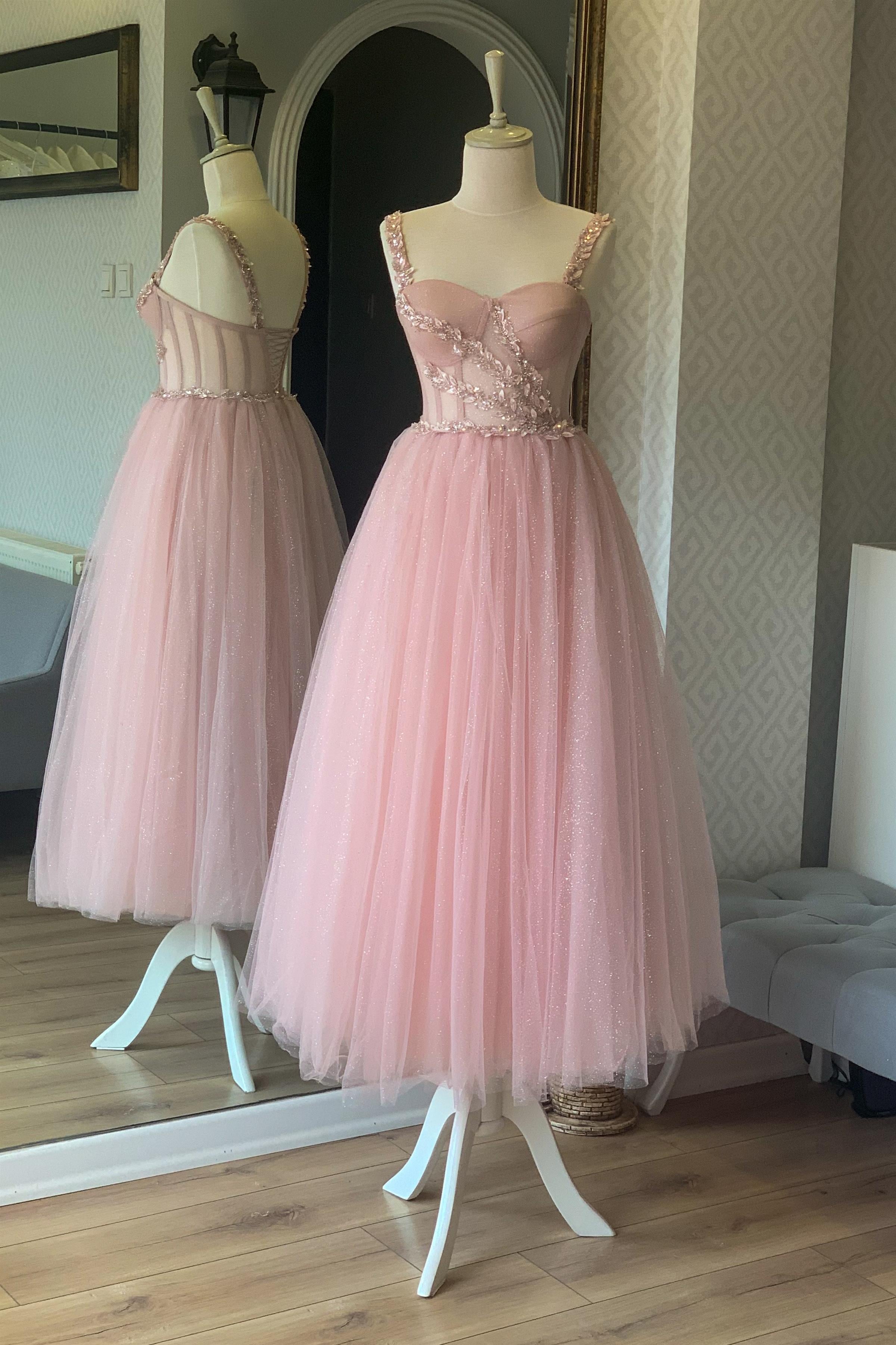 Simli Pudra Midi Boy Yaprak Desen Detaylı Transparan Abiye Ve Gece Elbisesi
