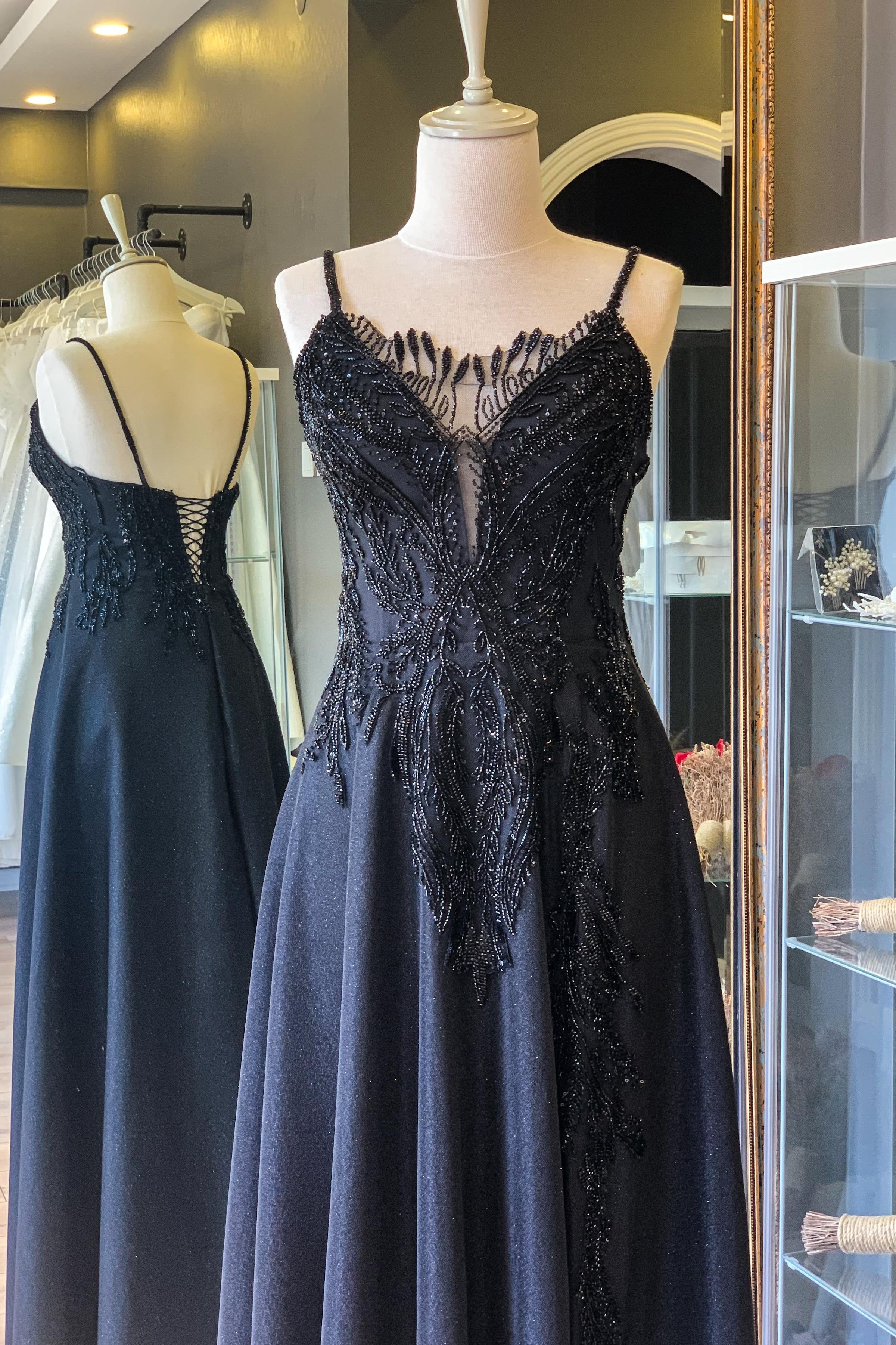 Siyah Simli Dantel Kaplamalı Maxi Boy Abiye ve Nikah Elbise