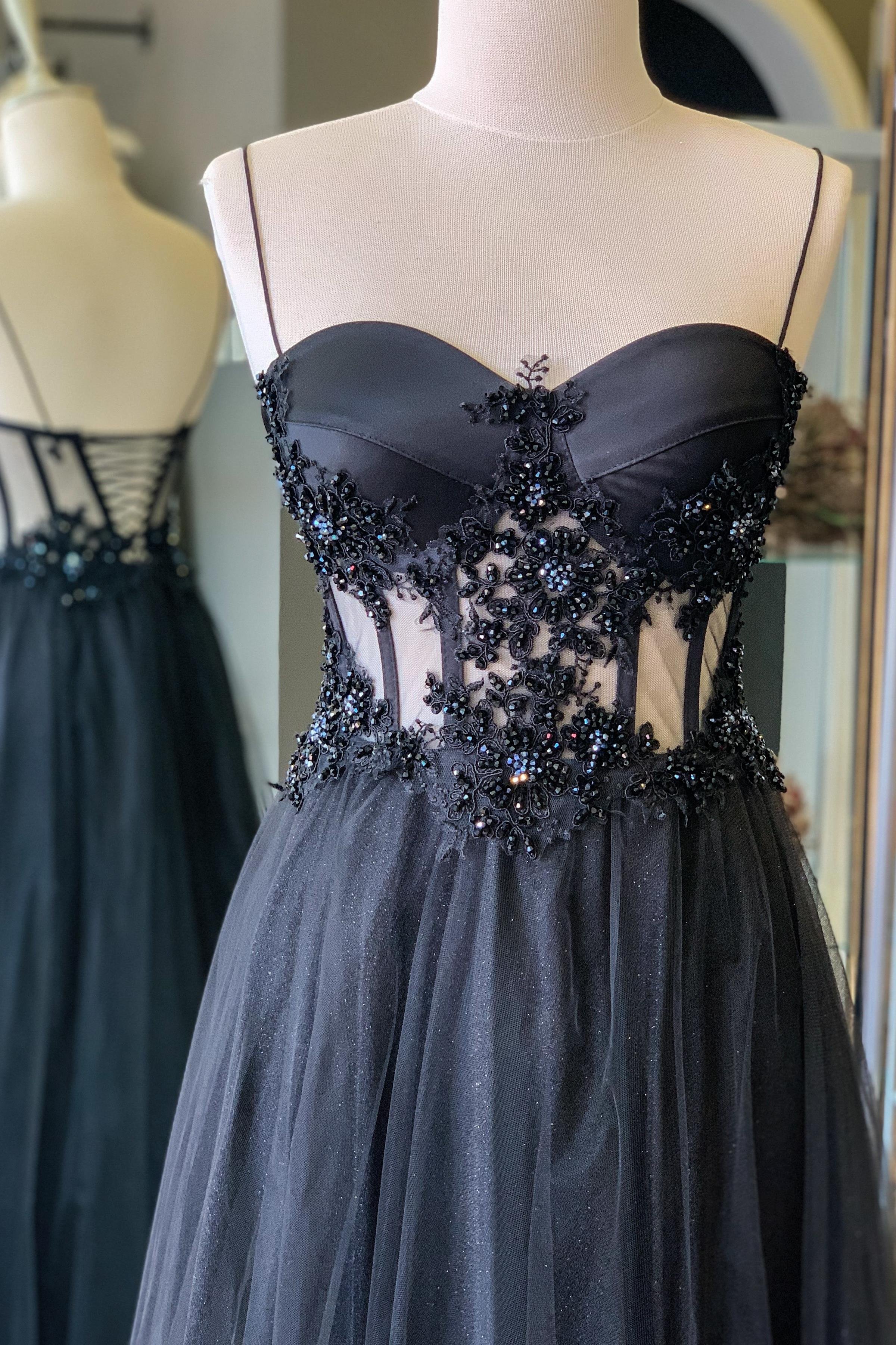 Siyah Transparan Kristal İşlemeli Dantel Detaylı Simli Maxi Abiye ve Nikah Elbisesi