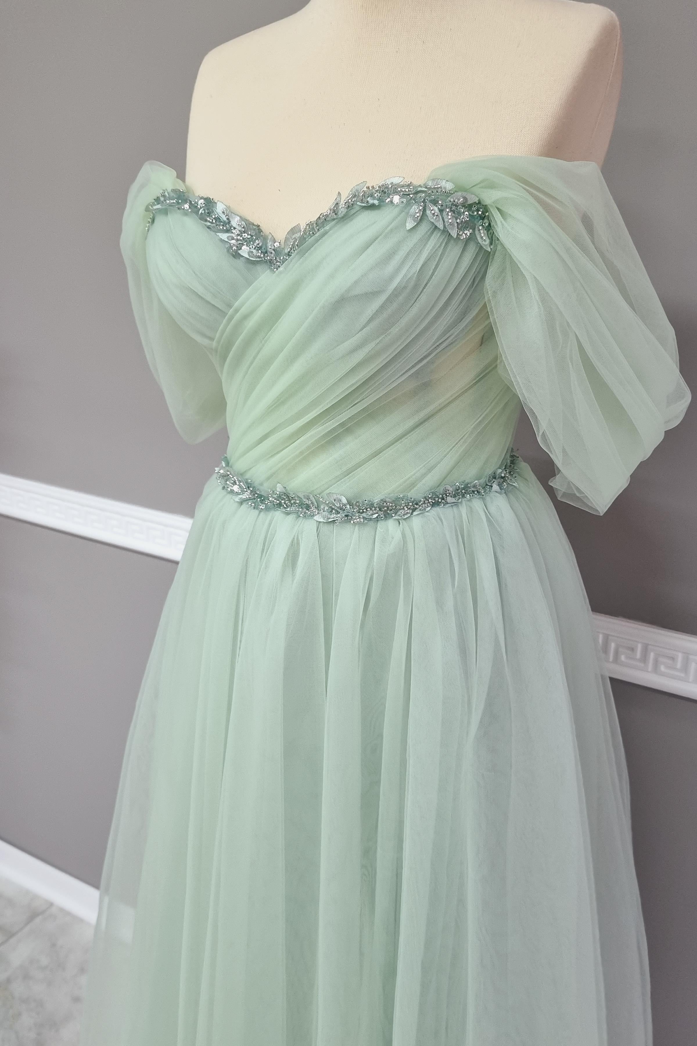 Su Yeşili Drape ve Dantel Detaylı Midi Boy Abiye ve Gece Elbisesi