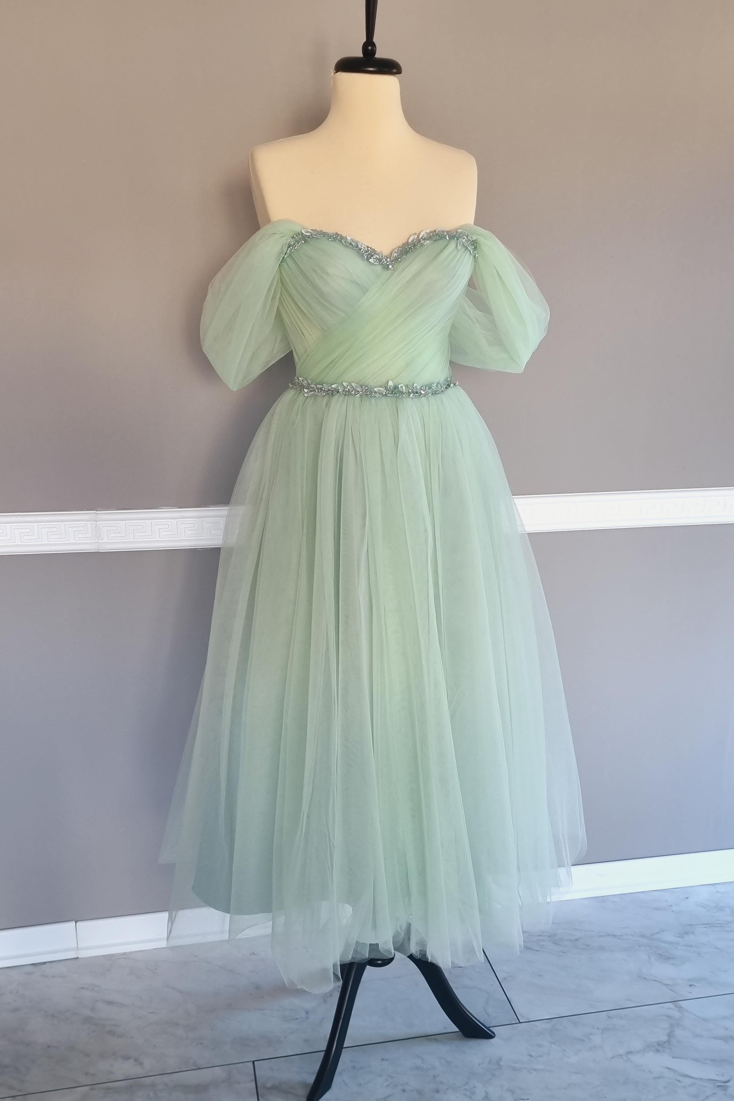 Su Yeşili Drape ve Dantel Detaylı Midi Boy Abiye ve Gece Elbisesi