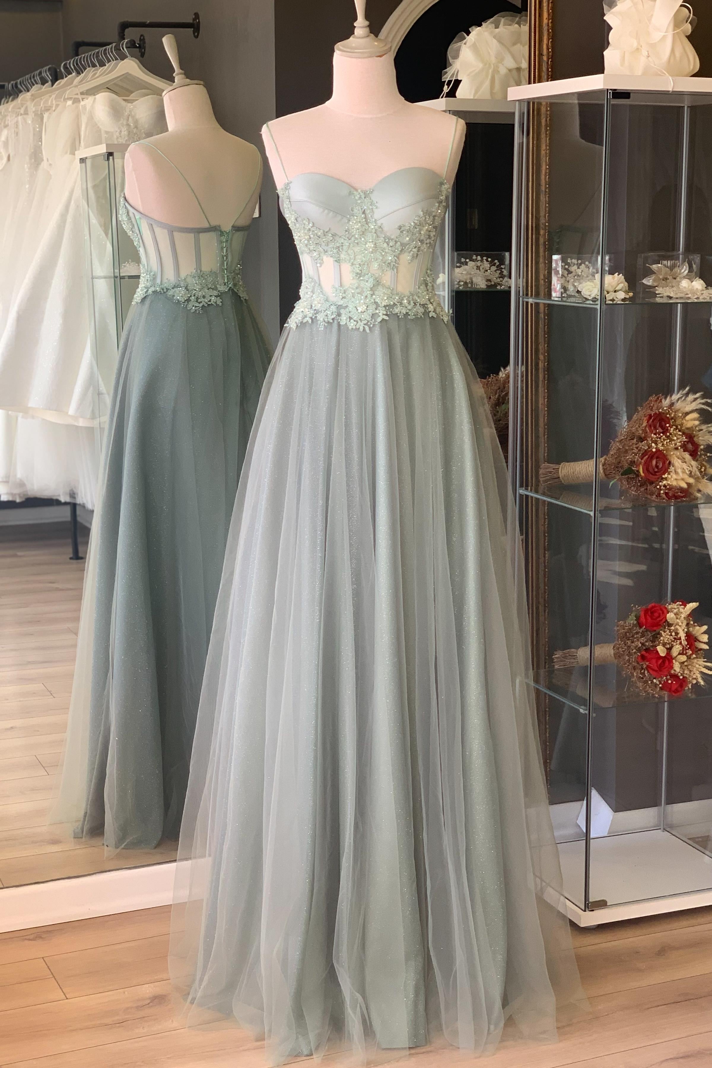 Su Yeşili Transparan Kristal İşlemeli Dantel Detaylı Simli Abiye Ve Nikah Elbise