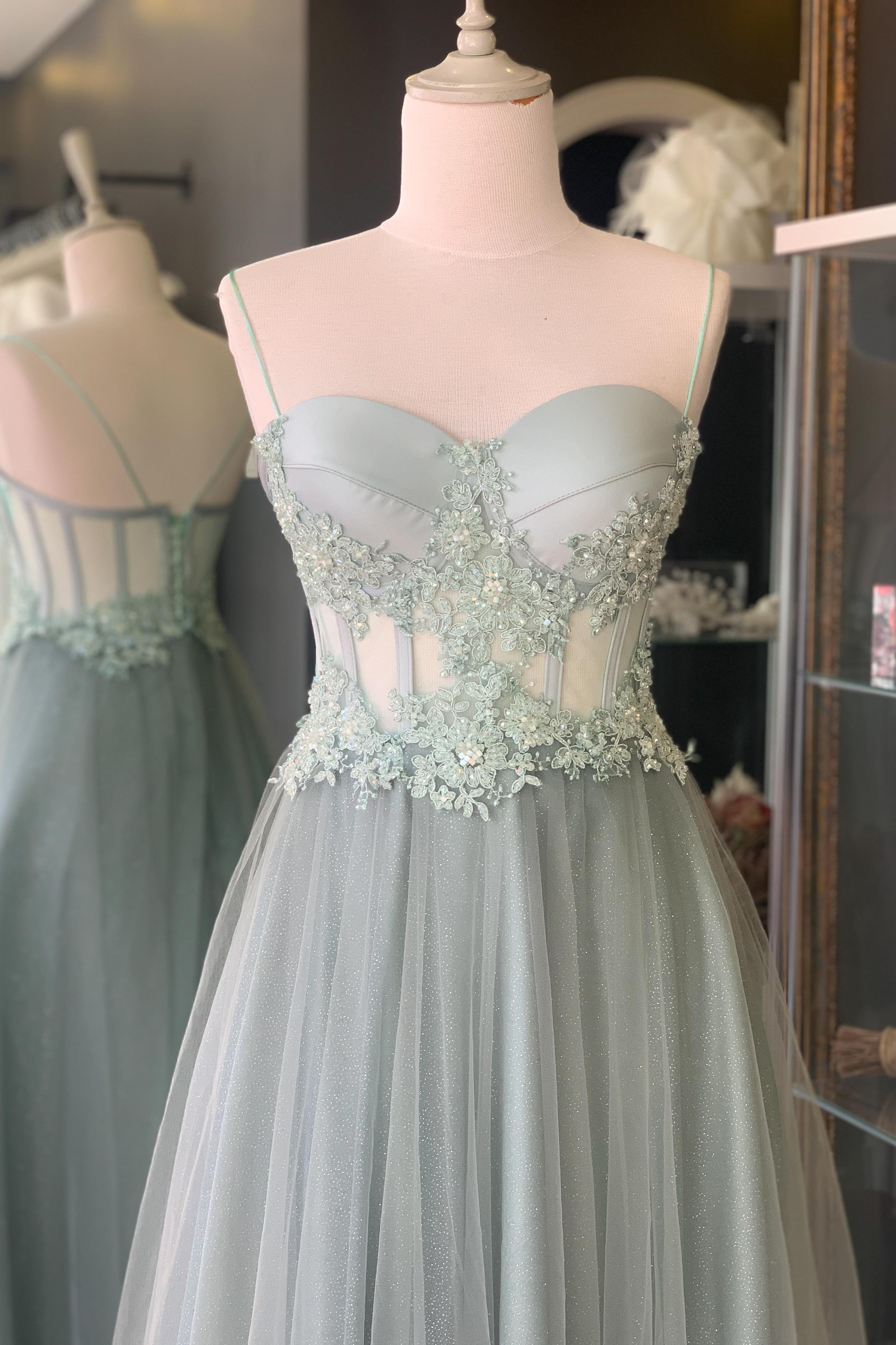 Su Yeşili Transparan Kristal İşlemeli Dantel Detaylı Simli Abiye Ve Nikah Elbise