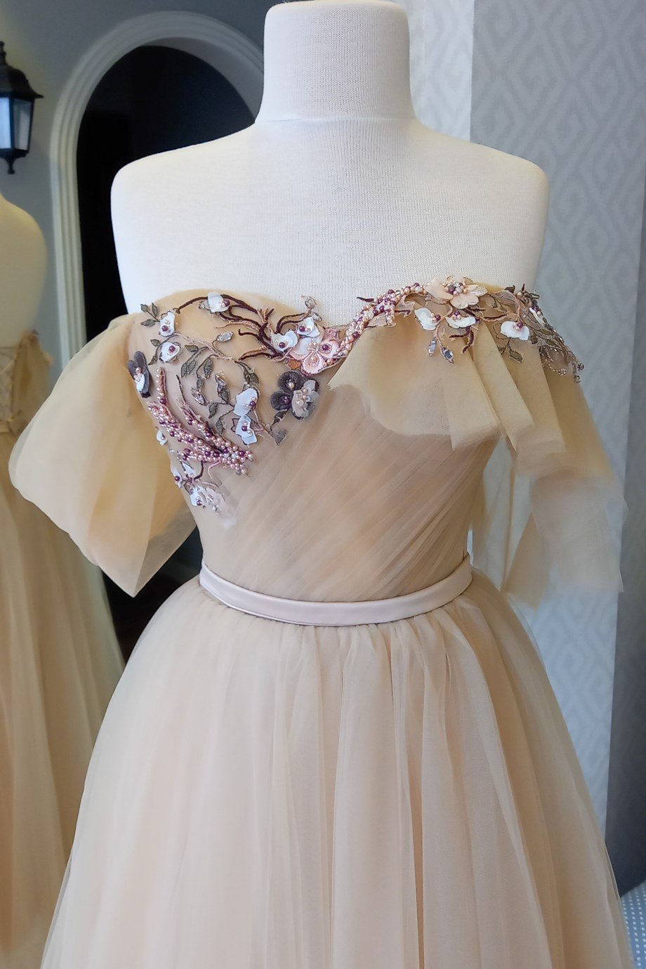 Flesh-color Draped and Lace Detailed Evening