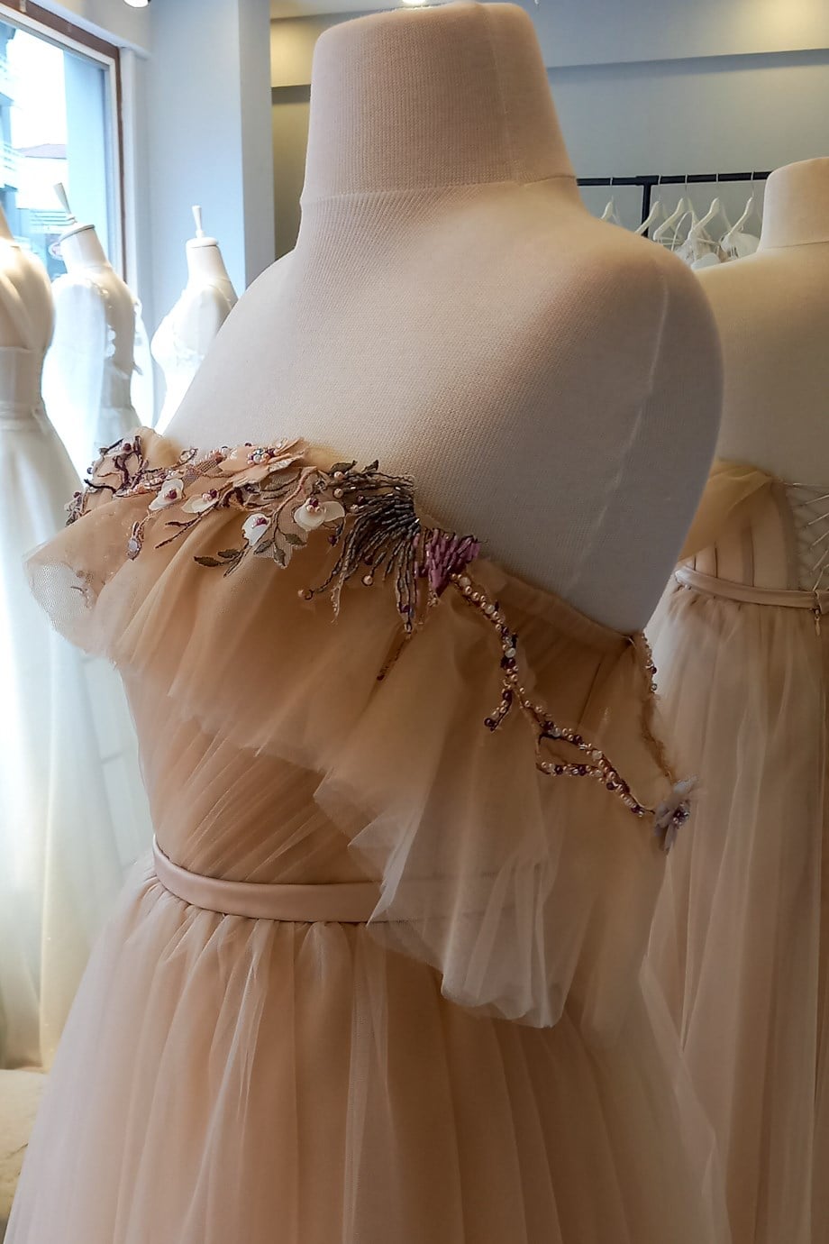 Flesh-color Draped and Lace Detailed Evening