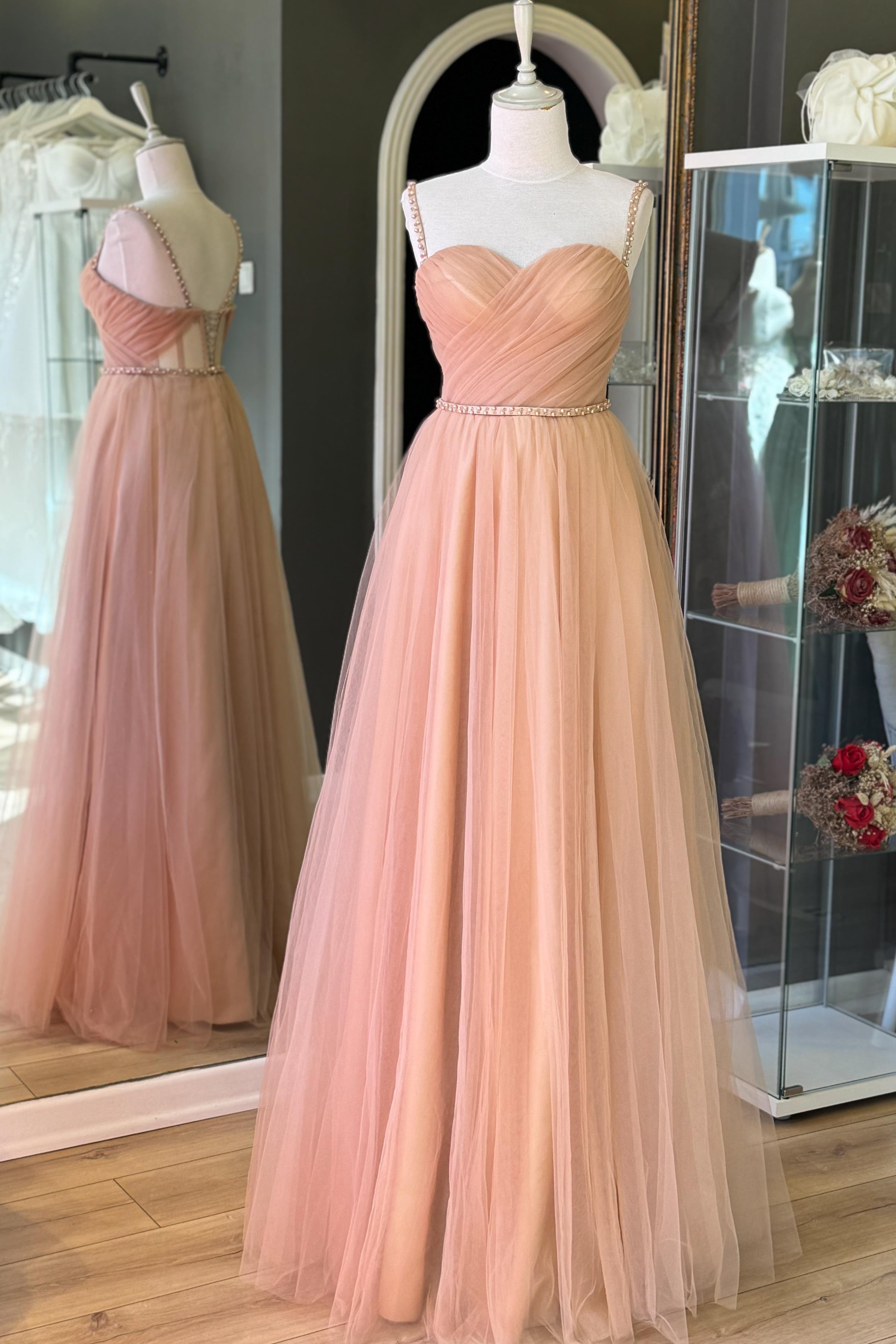Ten Rengi Drapeli ve İnci Detaylı Tül Abiye ve Nikah Elbisesi