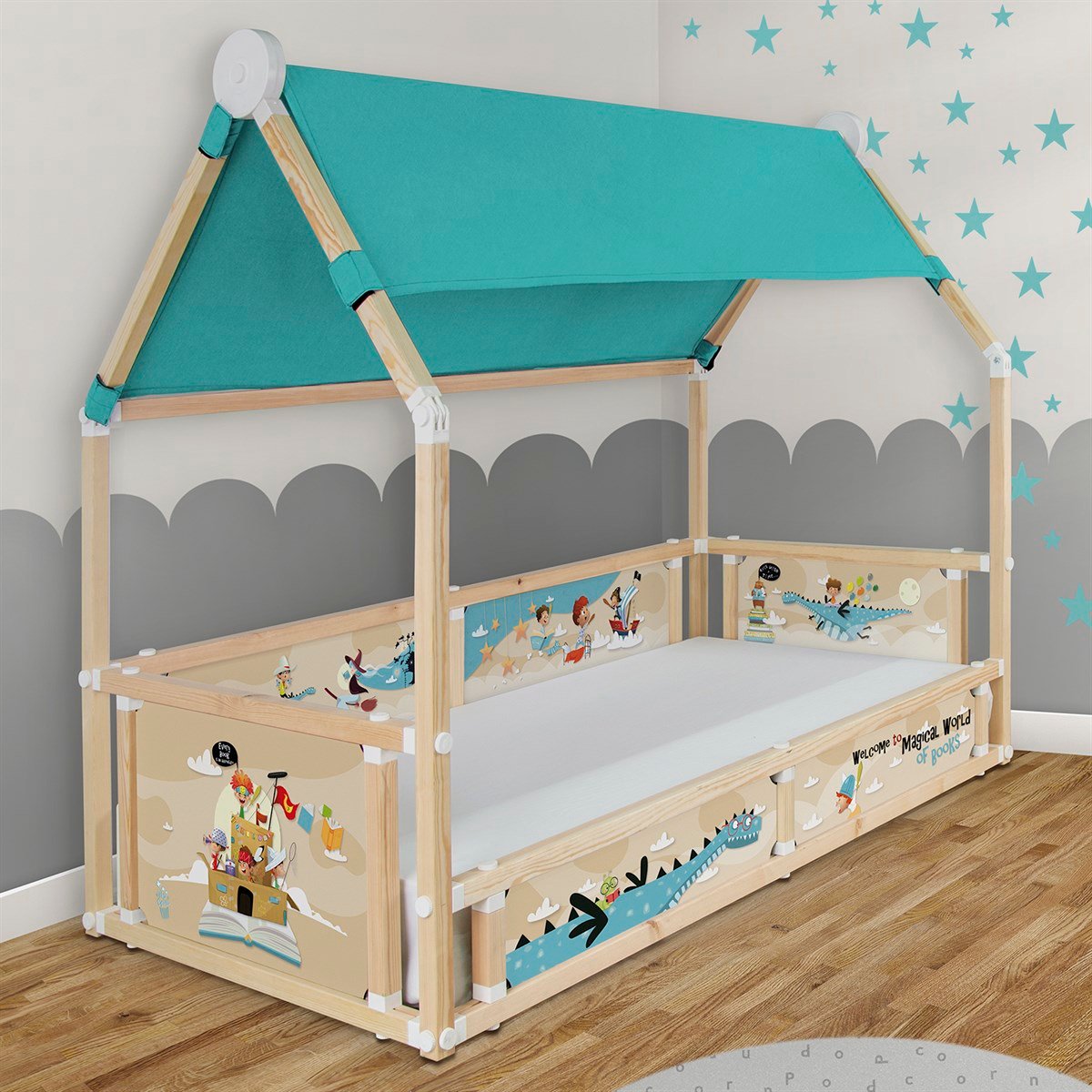 BACK TO SCHOOL ERKEK AÇIK MAVİ CADIRLI LOFT MONTESSORI YATAK
