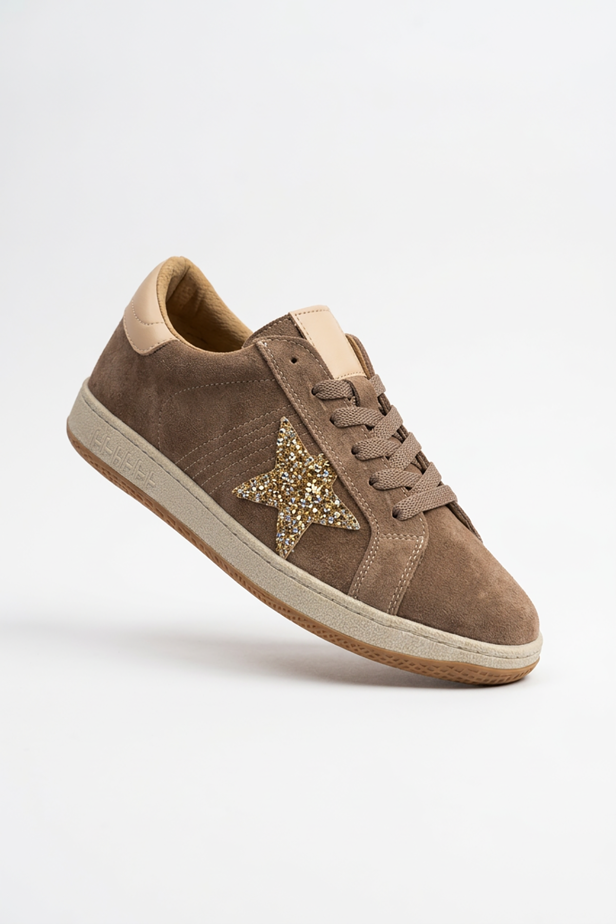 Alen Simli Yan Yıldızlı Hakiki Deri Kadın Spor Ayakkabı Vizon Süet