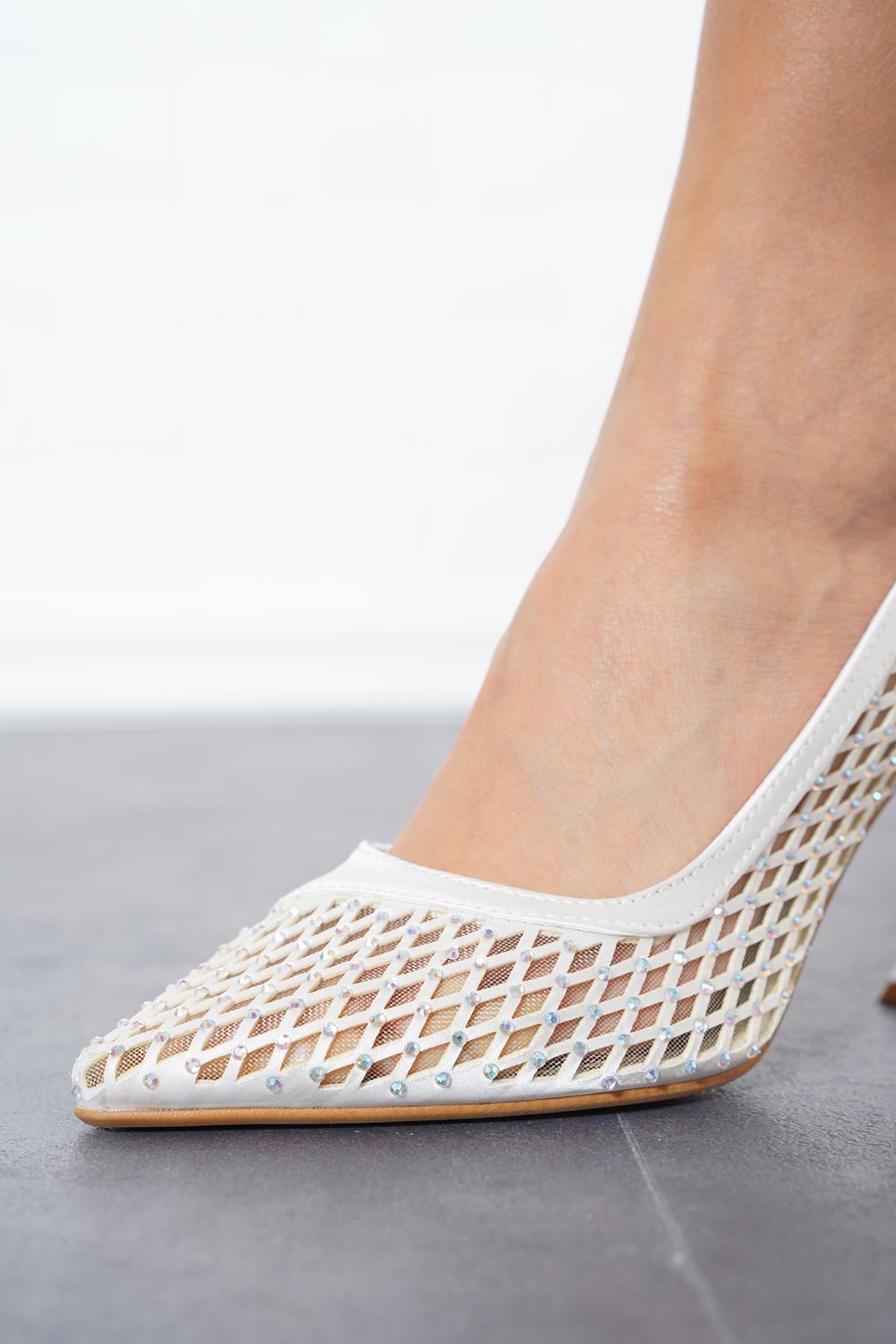 Arca Yan Çapraz File Taşlı Kadın Topuklu Ayakkabı Sedef Saten